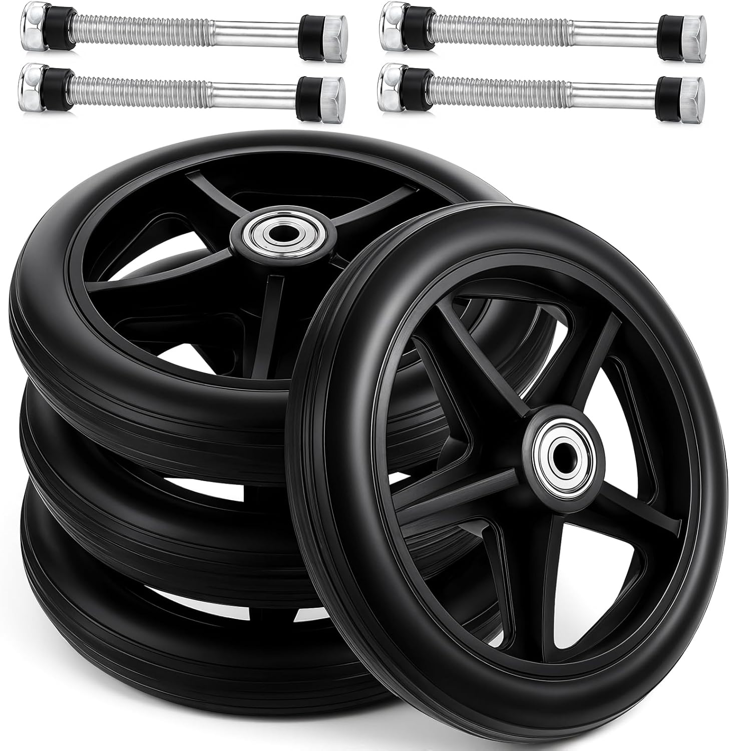 4 Pack Rubber Wheel Replacement, 6 Inch Solid Wheelchair Front Wheel with 4 Axles Rubber Rollator Wheels Replacement Anti-Slip Walker Caster Wheels Hub for Wheelchairs Rollators Walkers