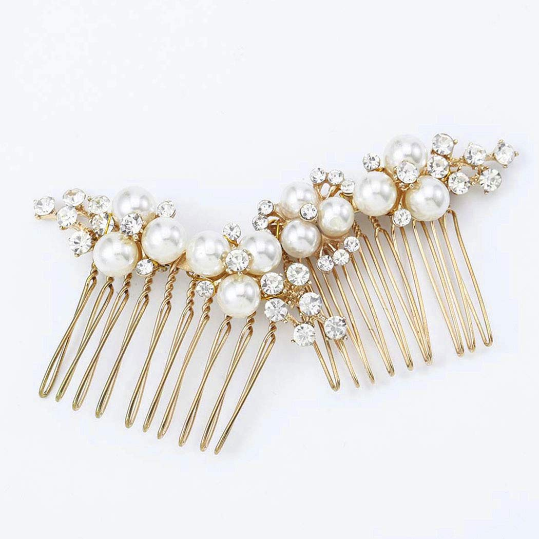 Gold Wedding Pearl Hair Comb Bride Crystal Hairpiece Bridal Rhinestone Hair Clip Hair Accessories for Women (Set of 2) (A-Gold)