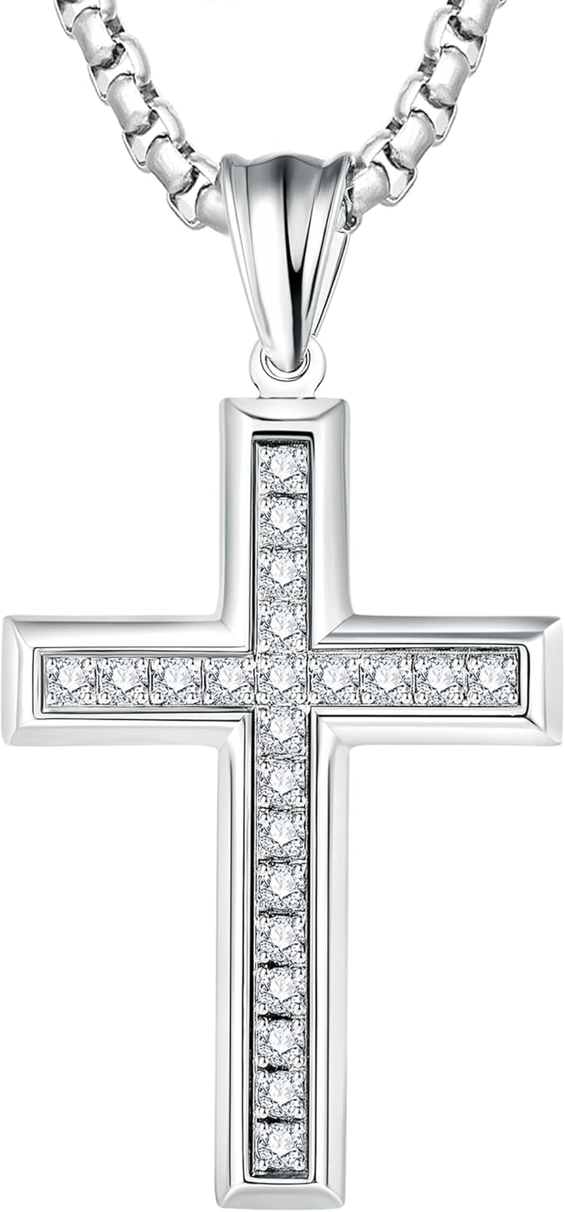 Cross Necklace for Men Stainless Steel Crucifix Pendant Silver White Gold Yellow Black Jesus Christ Plain Simple Women Fine Jewelry Gifts, 24 Inches Rolo Chain, Zirconia, Polished, Rope