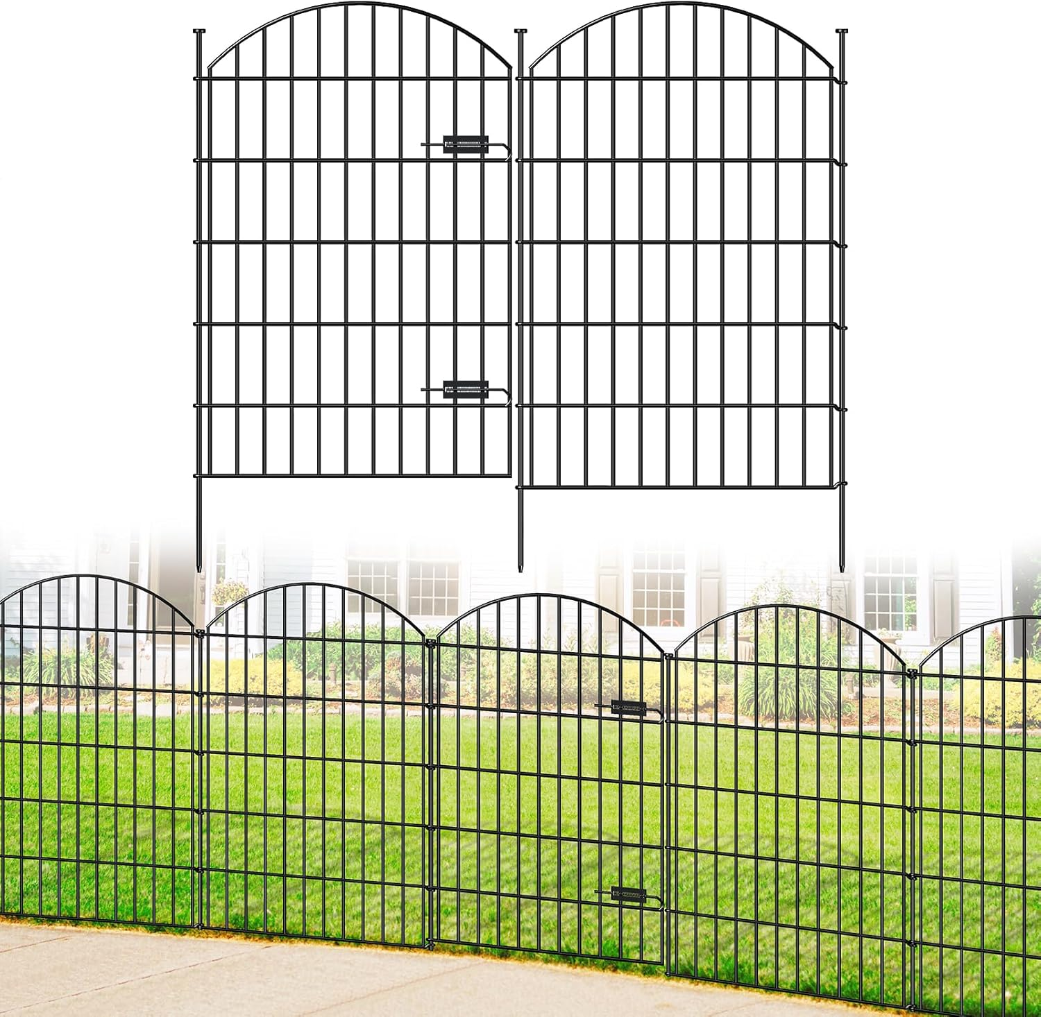 Metal Garden Fence with Gate 42In (H) X 23.3Ft (L), 1 Gate+ 9 Panels Dog Fence Border Fence Animal Barrier, No Dig Garden Fencing for Yard Flower Bed Lawn Patio Outdoor, ECG4210, Black