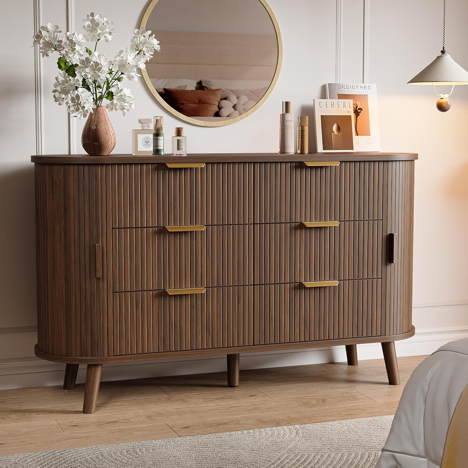 Fluted 6 Drawers Dresser, 55'' Wide Mid Century Modern Chest of Drawers  with Sli | eBay
