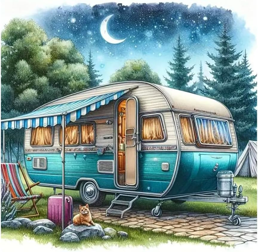 Camper Van Diamond Art Kits for Adults - 5D Full Drill Round Diamond Painting