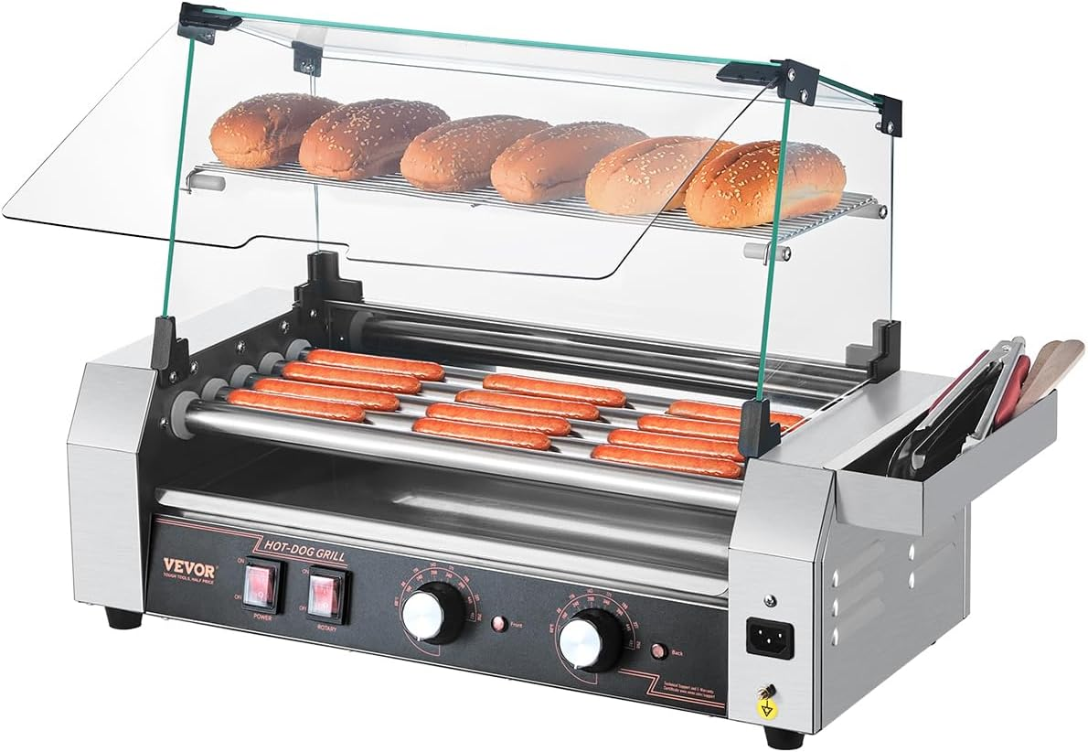 Hot Dog Roller, 12 Hot Dog 5 Rollers, Stainless Steel Sausage Grill Cooker, 750W Commercial Hot Dog Machine with Dual Temp Control, Cover, Side Storage Box, Removable Shelf & Oil Drip Tray