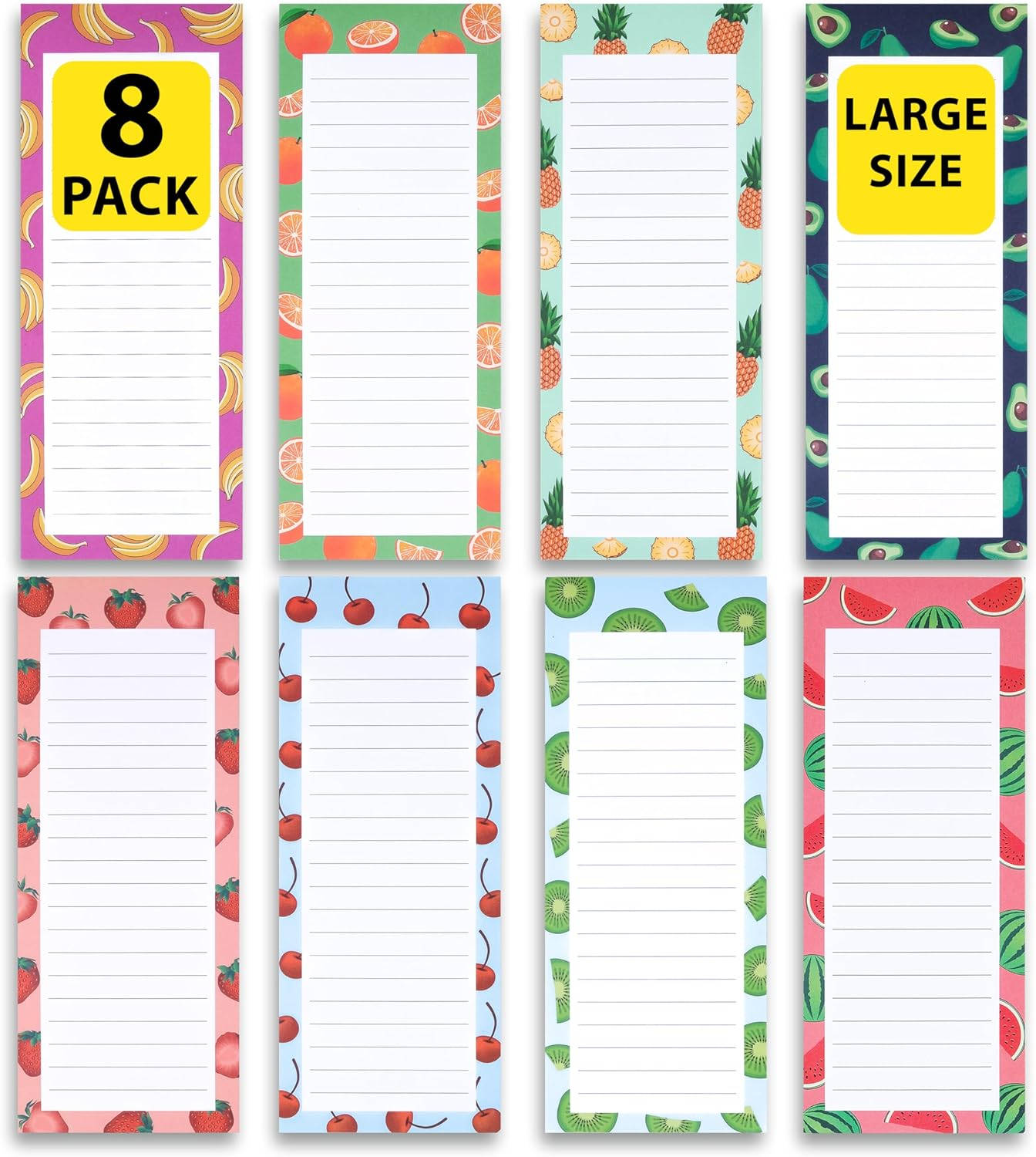 8 Large Magnetic Notepads – Big Notepads for Grocery List, Shopping List, To-Do List, Reminders -Strong Magnetic Back- Memo Pads with Realistic Fruit Designs | 60 Sheets per Pad 9 X 3.5 Inch (8 Pack)