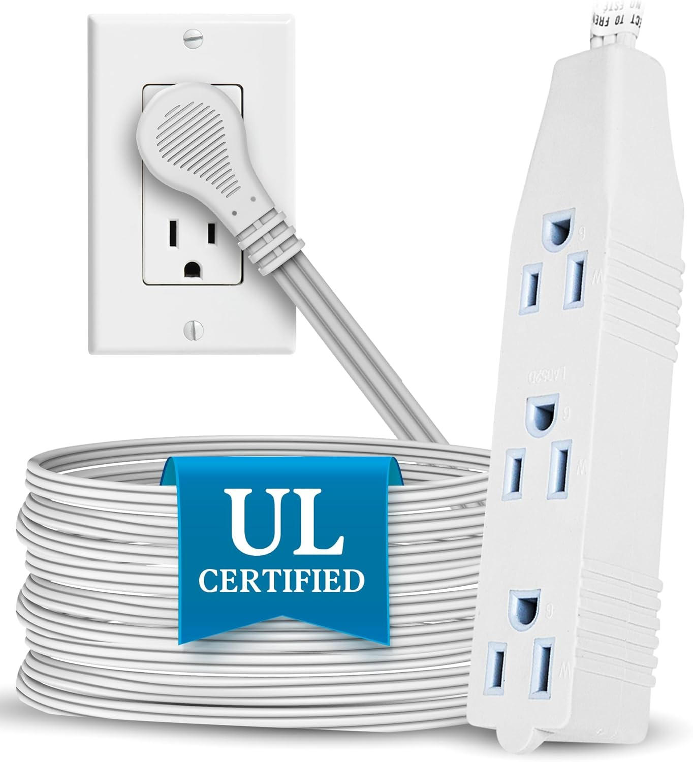 10 Ft Flat Multiple Outlet Extension Cord - Ul-Listed 3-Prong - White