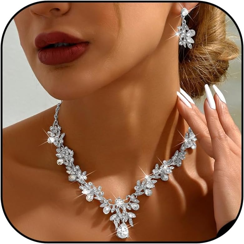 Silver Wedding Jewelry Sets for Brides Rhinestone Necklace Earrings Bracelet Set Bridal Costume Jewelry for Women Formal Wedding Guest Dress Accessories Prom Party Outfits