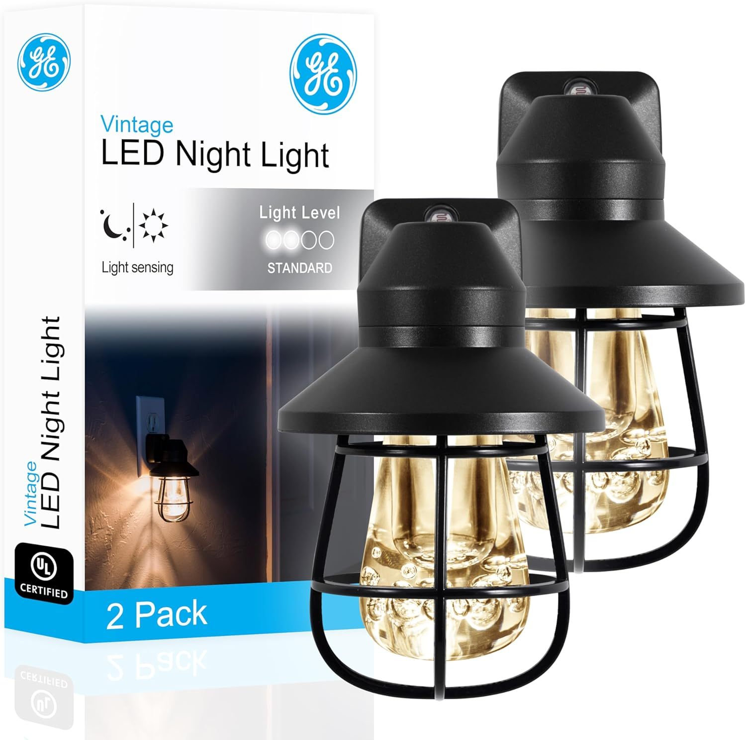 44737 Vinta LED Night Light, Plug-in, Dusk-to-Dawn Sensor, Farmhouse, Rustic, Home Décor, UL-Certified, Ideal for Bedroom, Bathroom, Kitchen, Hallway, 2 Pack, Black