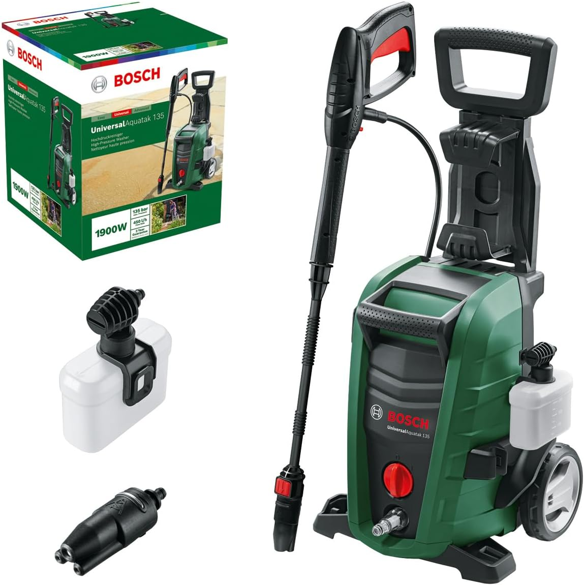 Bosch High Pressure Washer Universalaquatak 135 (1900 W, 135 Bar Pressure, 450 L/H Flow Rate, with 3-In-1 Nozzle, Detergent Nozzle, and Carrying Handle in Carton Packaging)