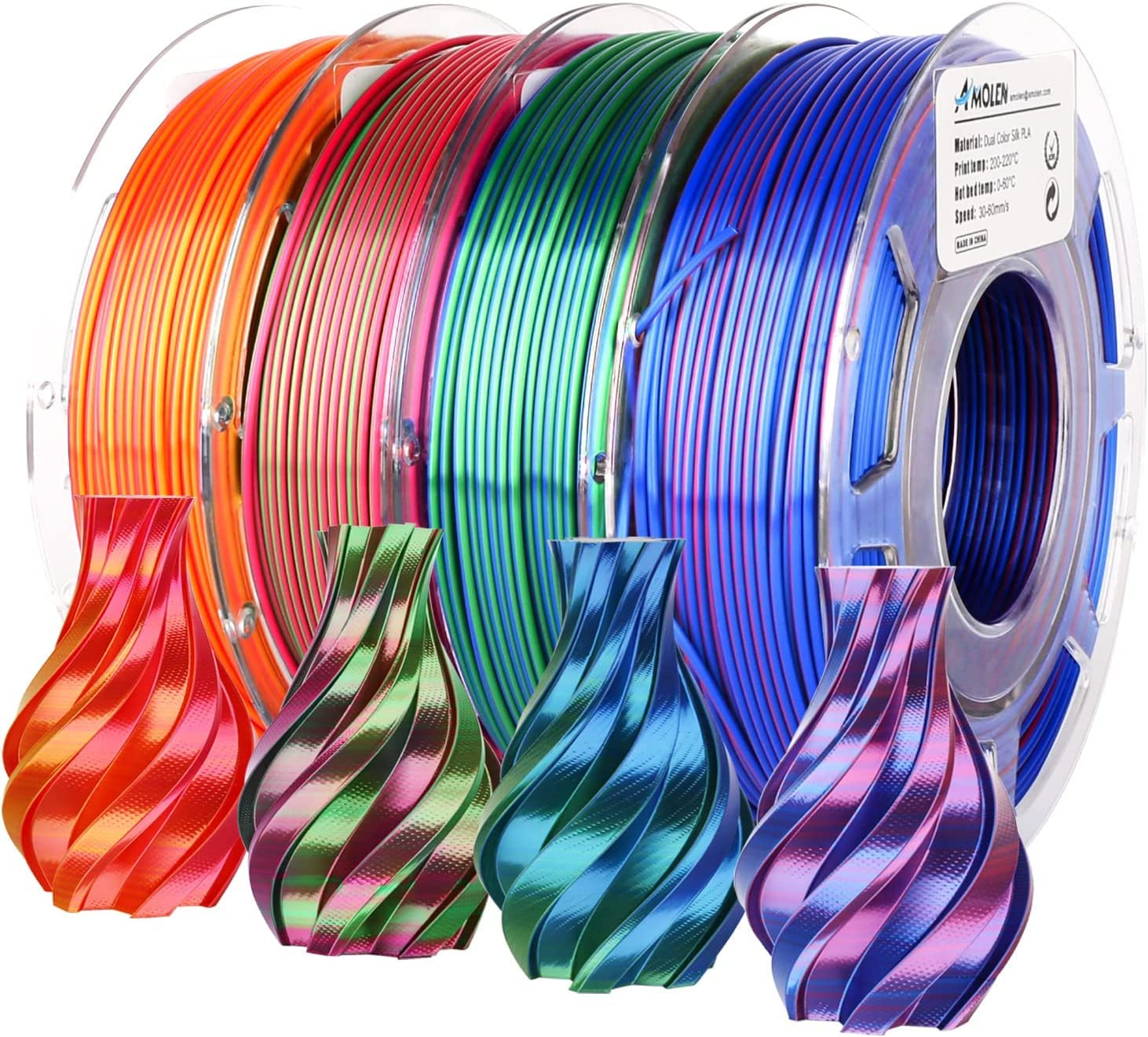 Silk PLA 3D Printer Filament Bundle, Shiny Dual Color Filament 1.75Mm Pack, Multi Color Change 3D Printing Filament for Most FDM 3D Printer, 4 Spools 200G Each
