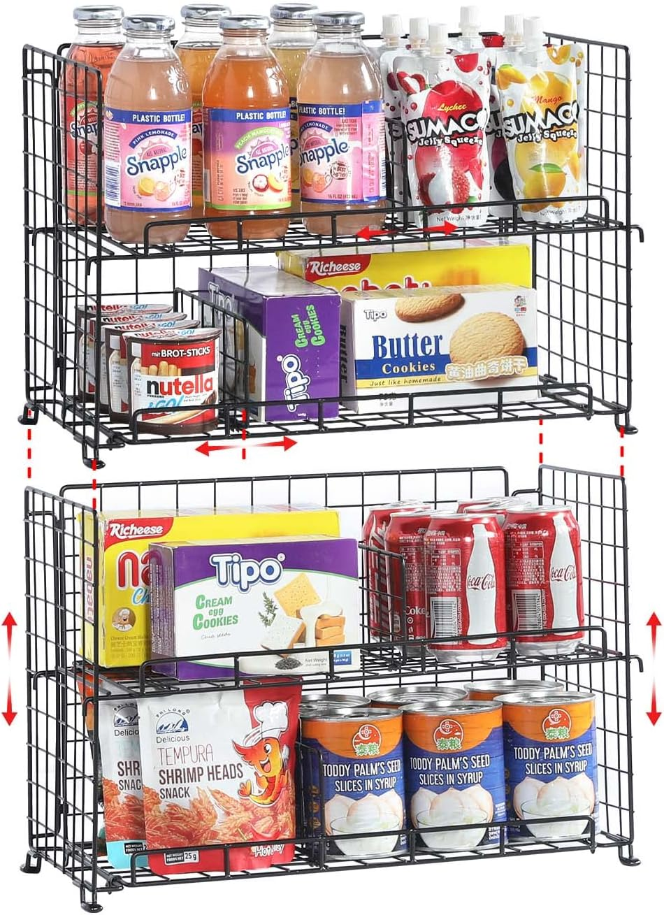 Stackable Pantry Baskets Rack for Snack Spice, 2 Packs Wire Basket Metal Storage Basket with 4 Adjustable Dividers for Kitchen Organization & Storage
