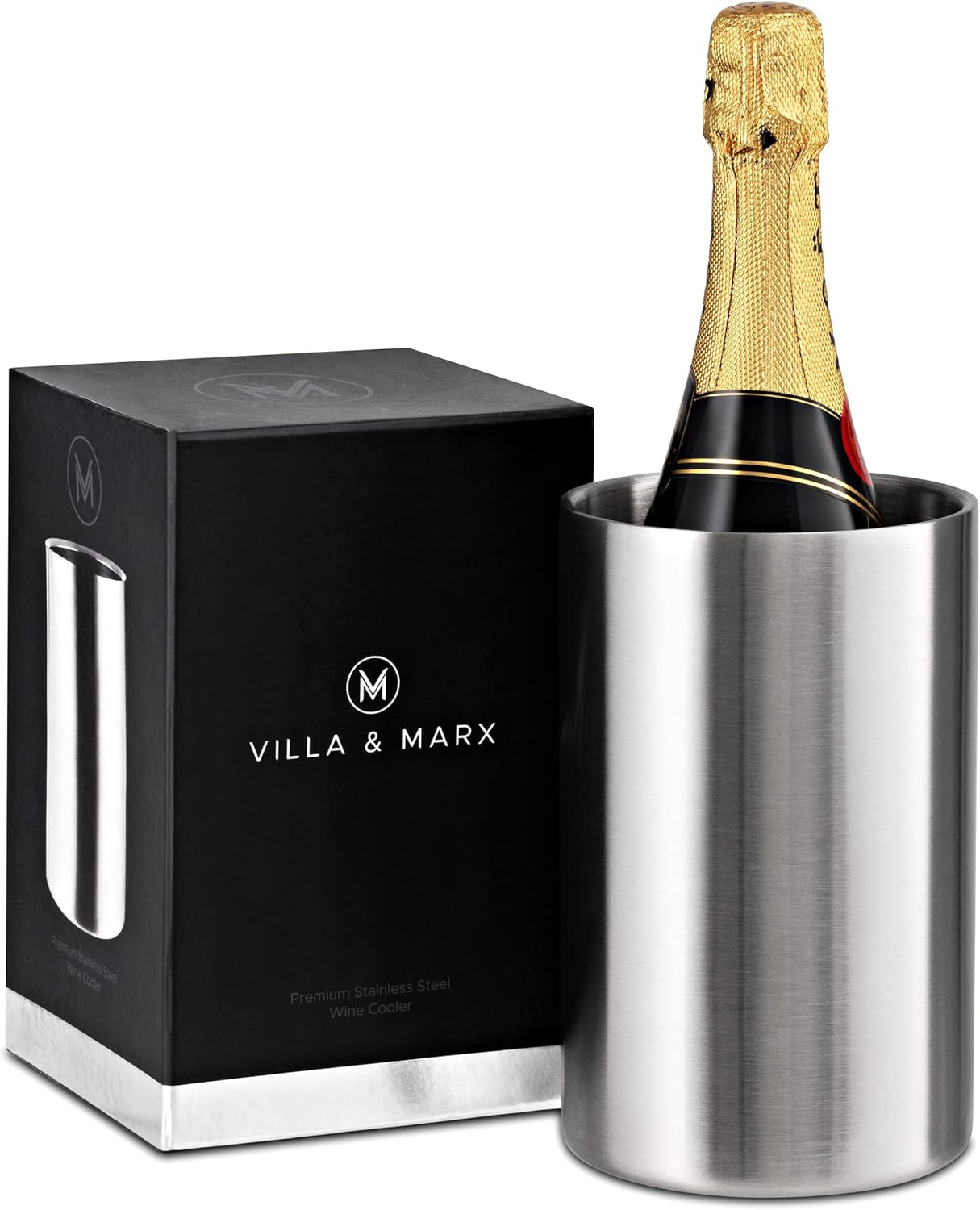 Villa & Marx Wine Chiller Bucket - Premium Champagne Bucket Keeps 750Ml Bottles Cold for Hours - Insulated White Wine Bottle Cooler without Ice - Wine Cooler Bucket for Wine Lovers (Stainless Steel)