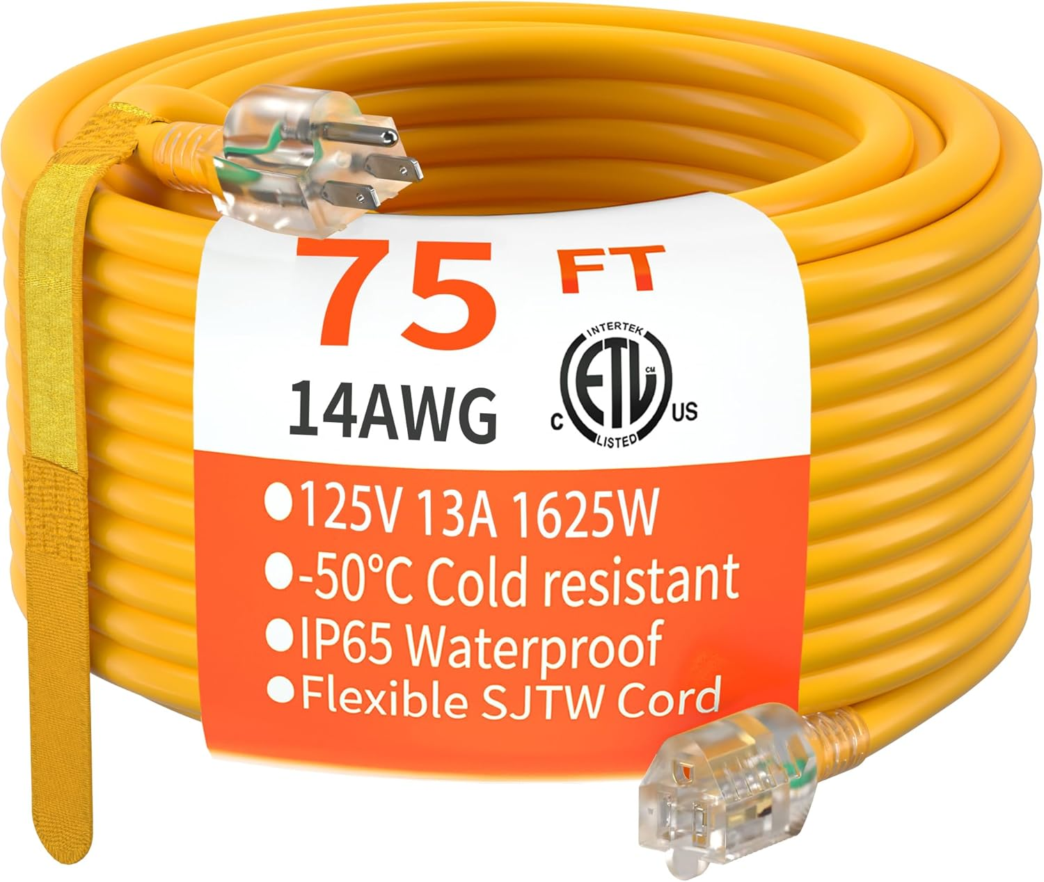 75 Ft 14/3 Gauge Heavy Duty Outdoor Extension Cord Waterproof with Lighted, Flexible Cold Weather 3 Prong Electric Cord Outside, 13A 1625W 125V 14AWG SJTW, Yellow, ETL Listed