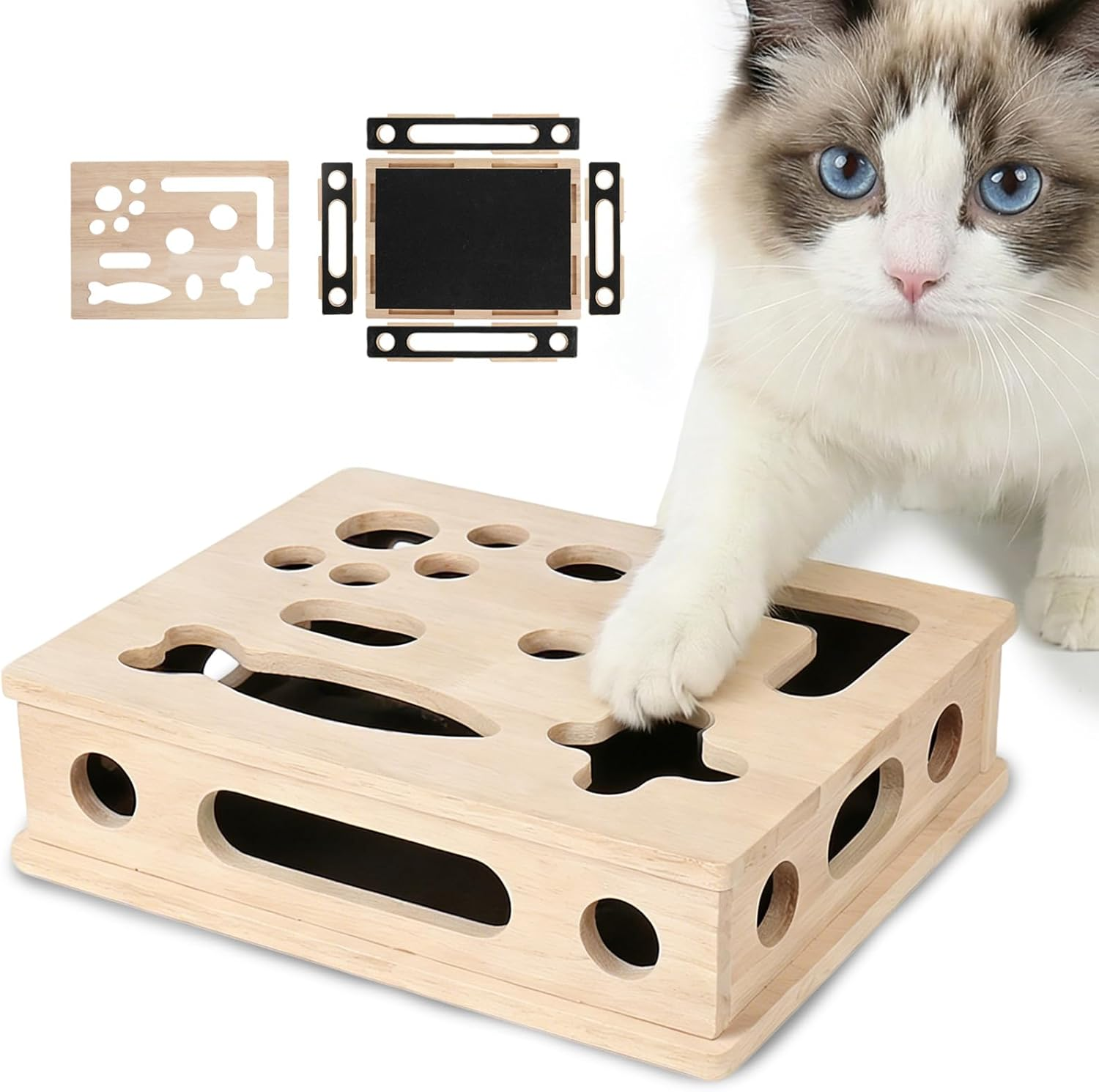 Cat Scratch Puzzle Enrichment Box, Smooth Solid Wood Cat Nail File Enrichment Box with Built-In Sandpaper, Cat Nail File Box Stress Free Alternative to Clippers & Grinders(No Bell Ball)