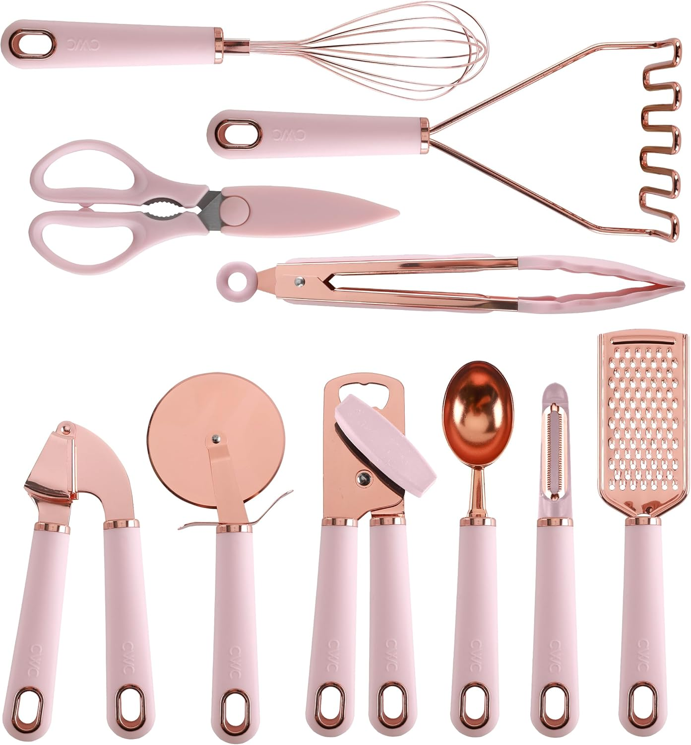 Kitchen Gadget Set Copper Plated Stainless Steel Utensils with Soft Touch Handles, Copper Pink, 10 Pieces
