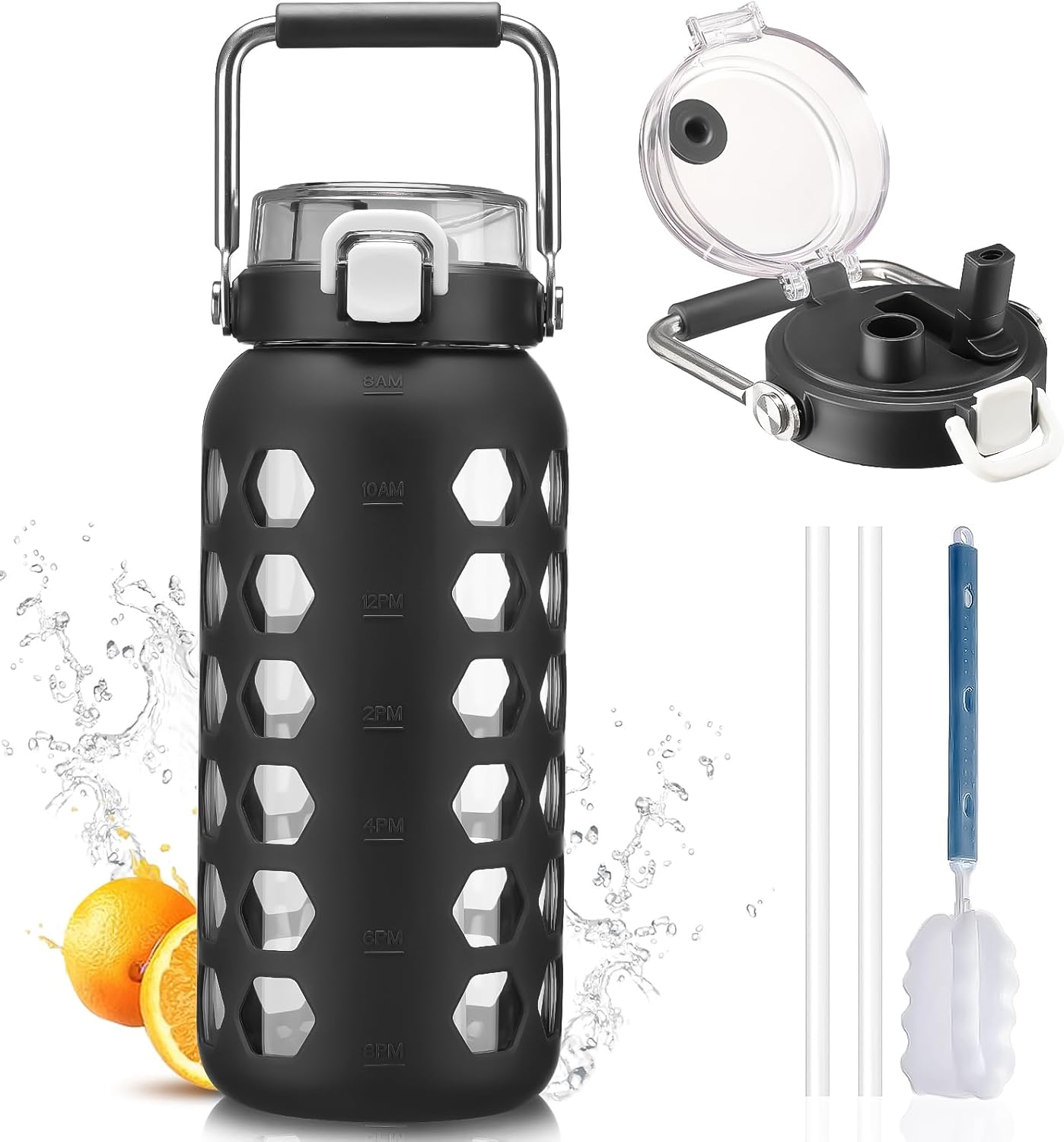 64Oz Glass Water Bottles with Straw and Lid,Half Gallon Water Bottle with Time Marker,Large Glass Water Jug with Silicone Sleeve and Stainless Steel Handle-Black
