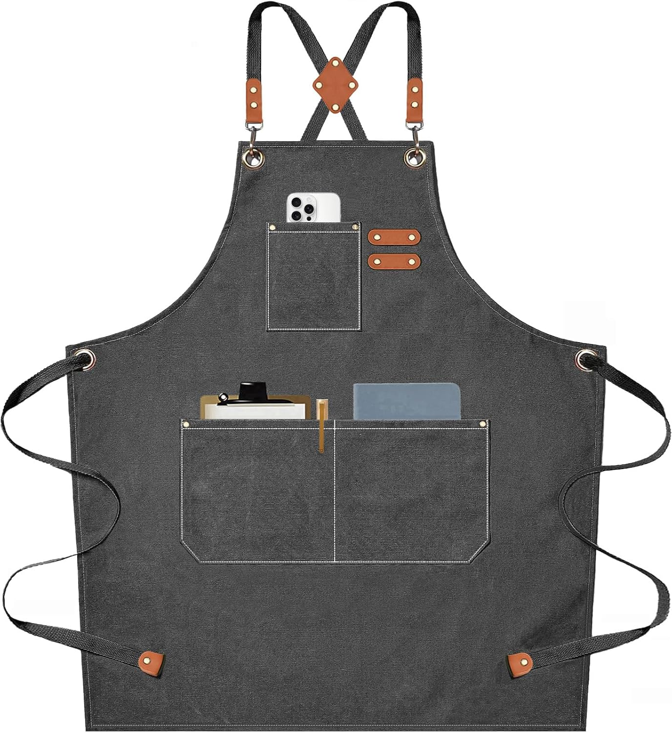 Chef Aprons for Men Women with Large Pockets, Cotton Canvas Cross Back Heavy Duty Adjustable Work Apron, Size M to XXL(Grey)