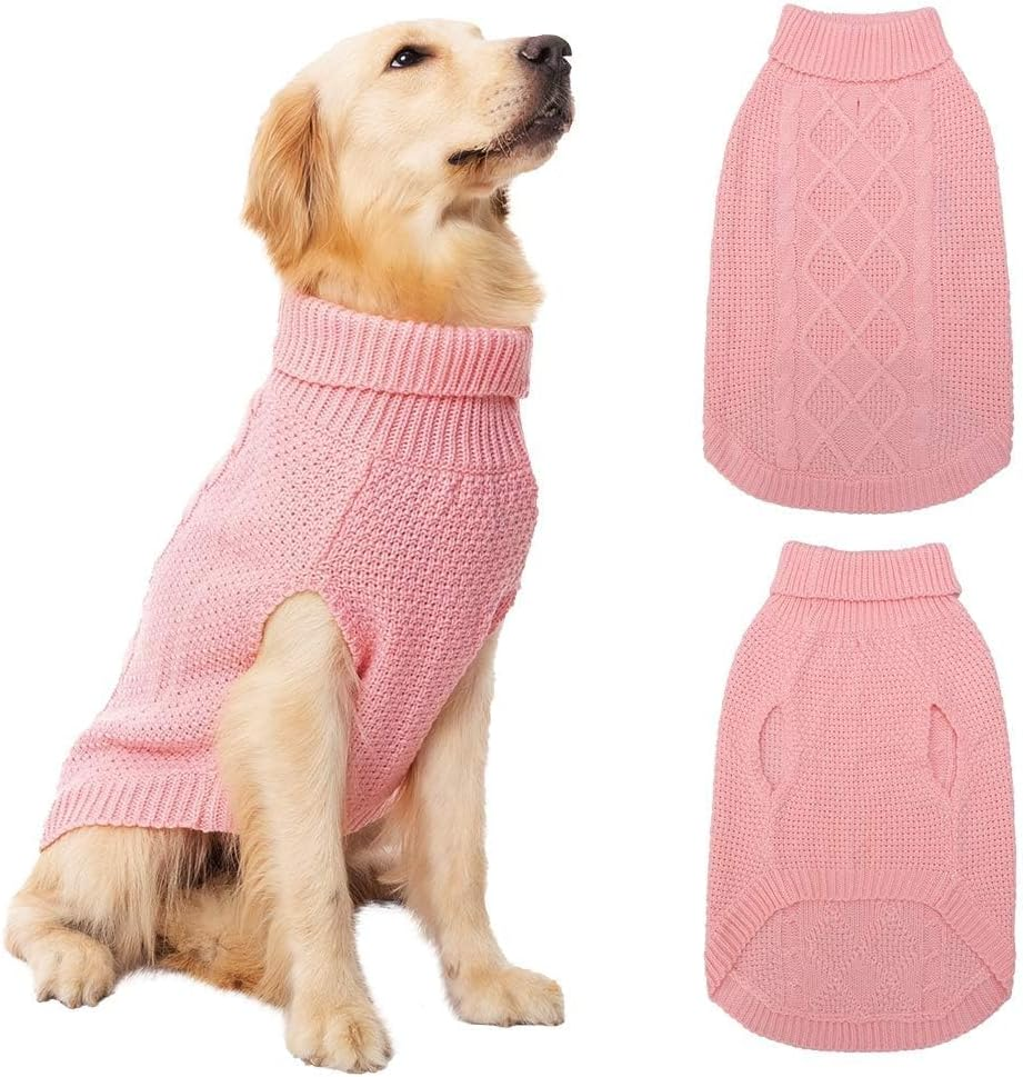 Turtleneck Dog Sweater - Winter Coat Apparel Classic Cable Knit Clothes with Leash Hole for Cold Weather, Ideal Gift for Pet in New Year
