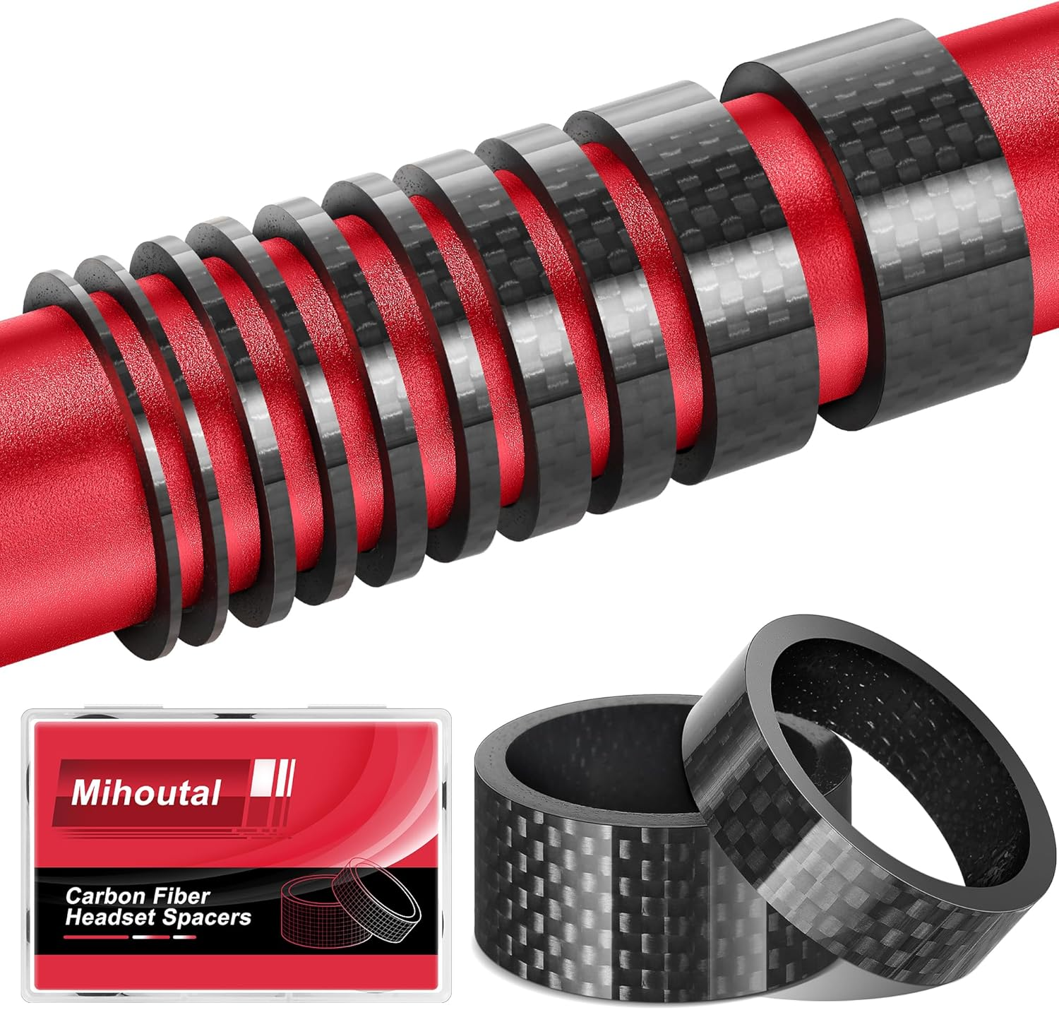 12 Pack Carbon Fiber Bike Headset Spacers 1 1/8in 6 Sizes MTB Road Cruiser