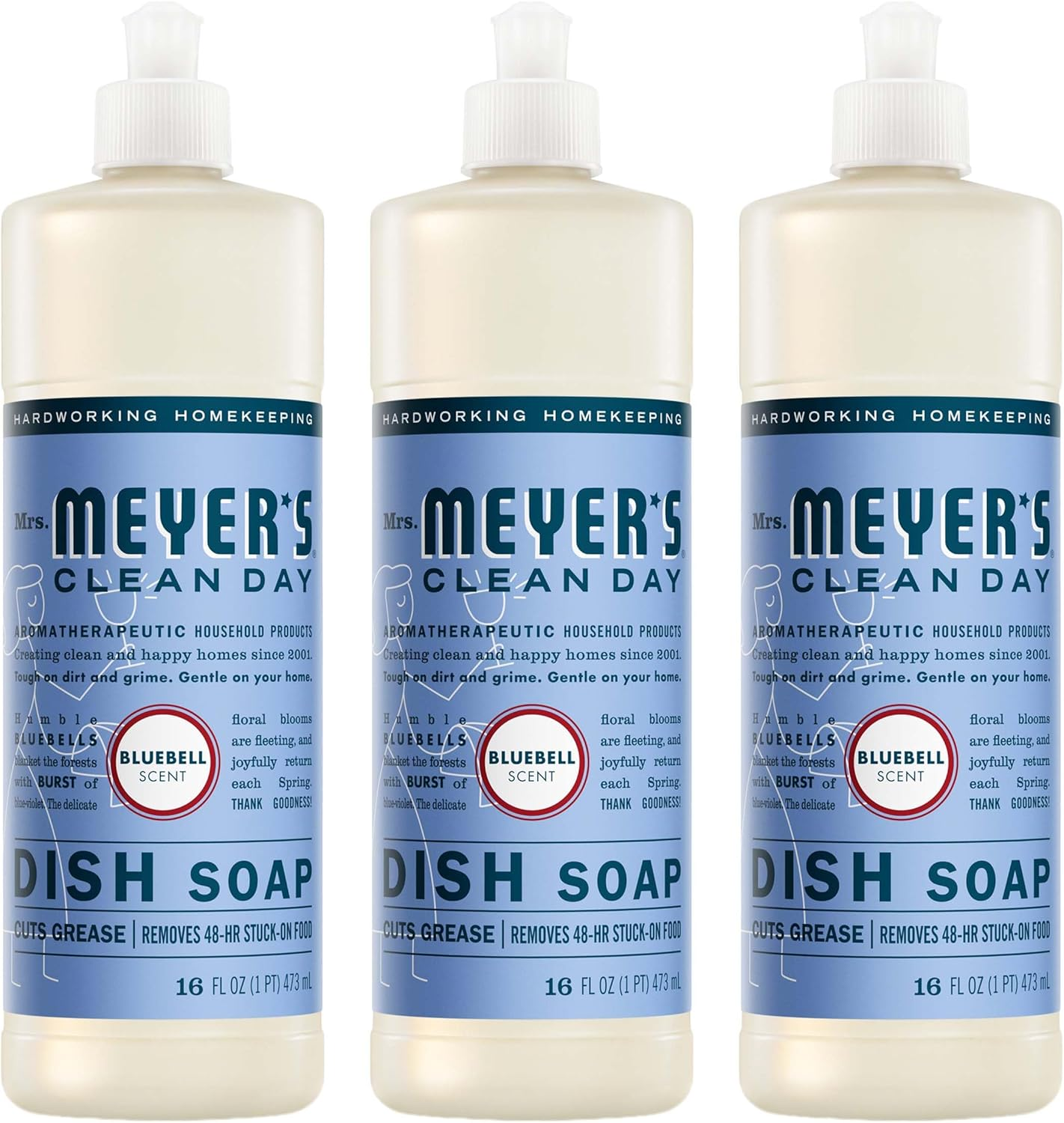 MRS. MEYER'S CLEAN DAY Liquid Dish Soap, Bluebell Scent, 16 Fl Oz Bottle - 3 Pack