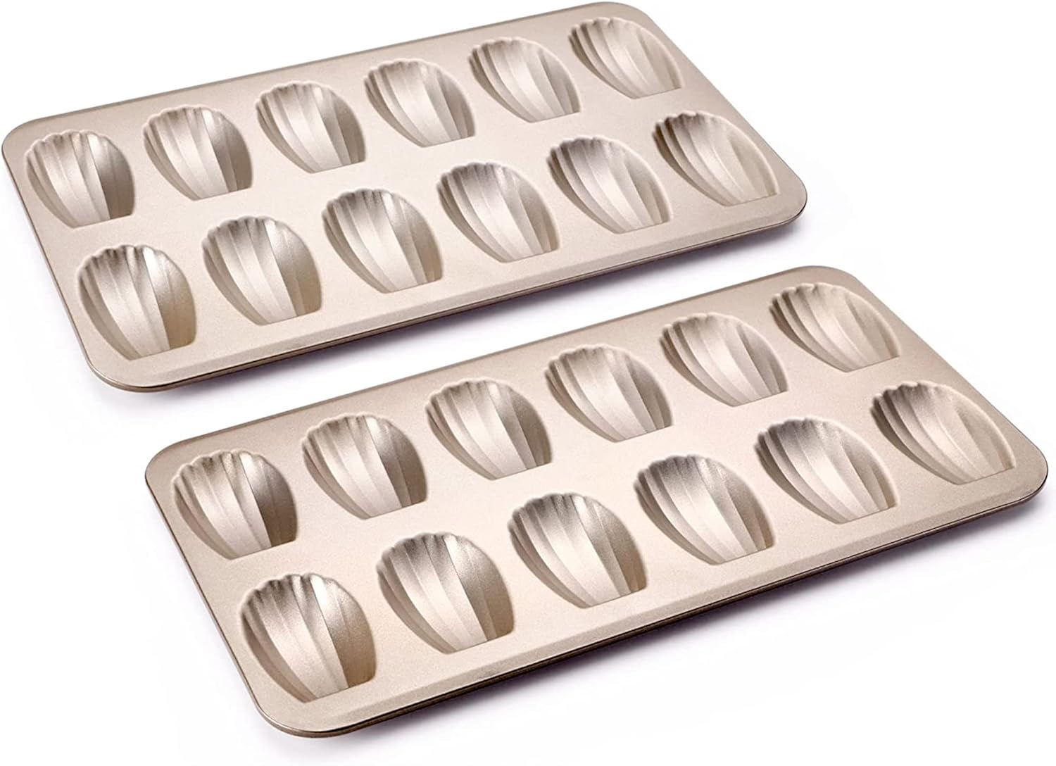 Nonstick Madeleine Pan 2 Pack 12-Cavity Heavy Duty Madeleine Cookies Trays for Oven Baking, Warp Resistant Shell Shape Madeleine Mold Cake Pan, Champagne Gold