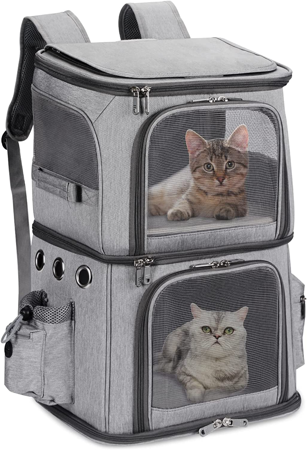 Double-Compartment Pet Carrier Backpack for Small Cats and Dogs, Cat Travel Carrier for 2 Cats, Perfect for Traveling/Hiking/Camping, Grey