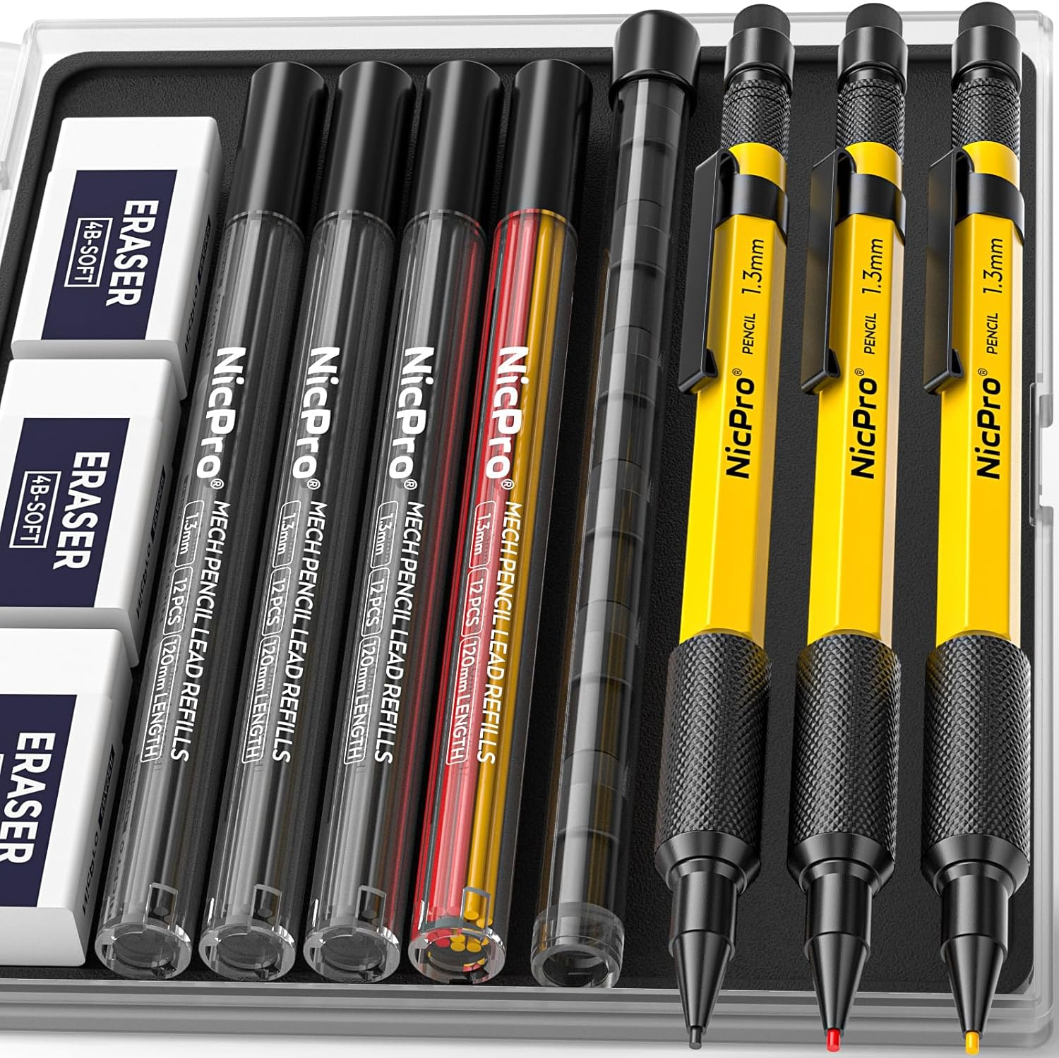 Nicpro 3 PCS 1.3 Mm Mechanical Pencil Set with 48 Lead Refills, 3 Eraser - Weatherproof Metal Barrel, Heavy Duty Carpenter Pencil MP2000 for Outdoor Marking Drafting Drawing Woodworking - with Case