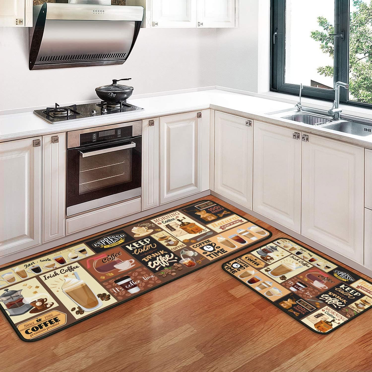 Coffee Theme Kitchen Rugs and Mats(2 Pcs),Non Skid Washable Black Kitchen Mat Soft Super Absorbent Kitchen Mat Runner Set Doormat Bathroom 17