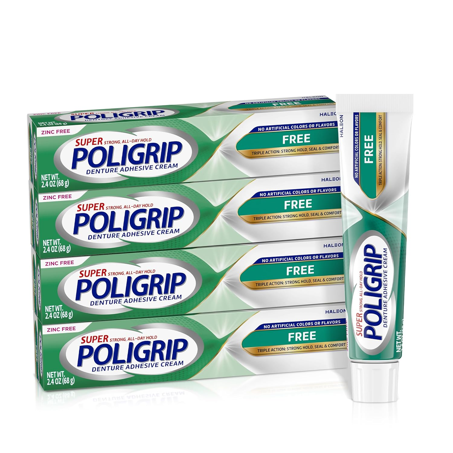 Super Poligrip Zinc Free Denture and Partials Adhesive Cream, 2.4 Ounce (Pack of 4)