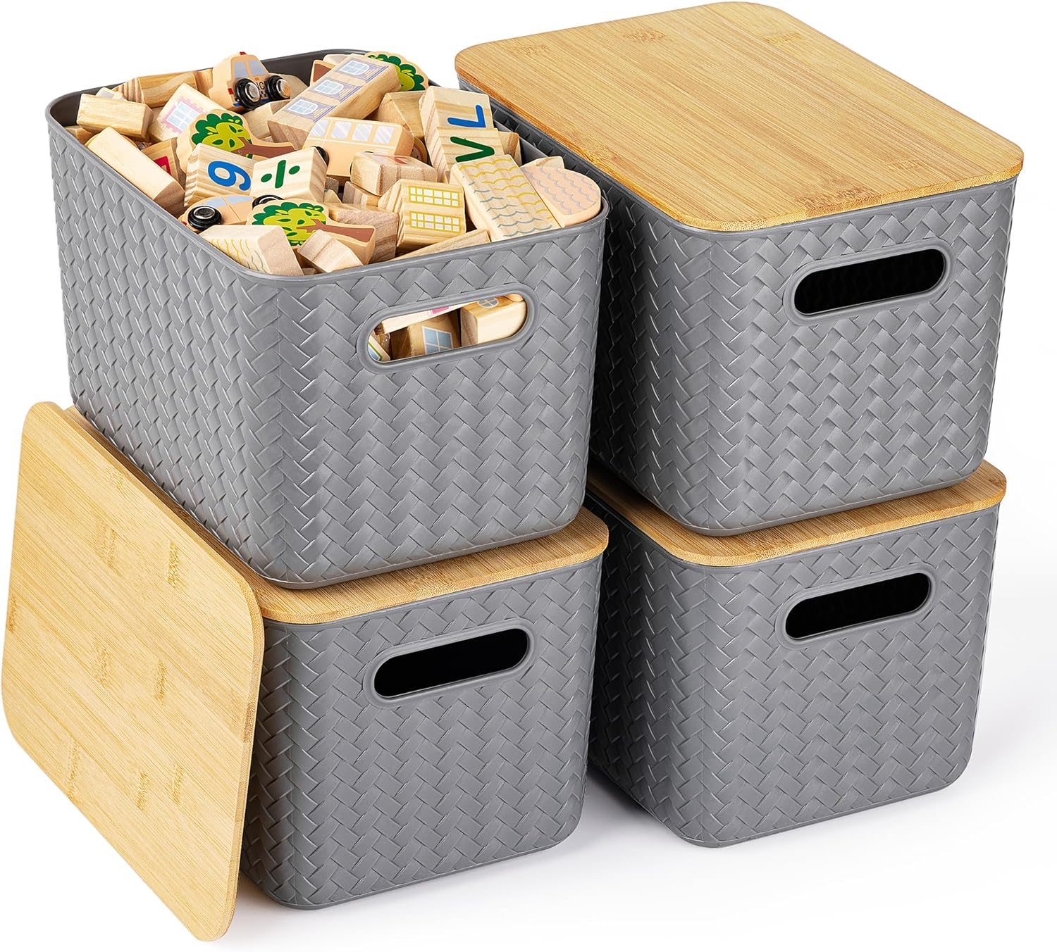 4 Packs Storage Bins with Bamboo Lids - Plastic Storage Containers with Lids Stackable Storage Box：Storage Baskets for Organizing Desktop Closet Playroom Classroom Office,Gray