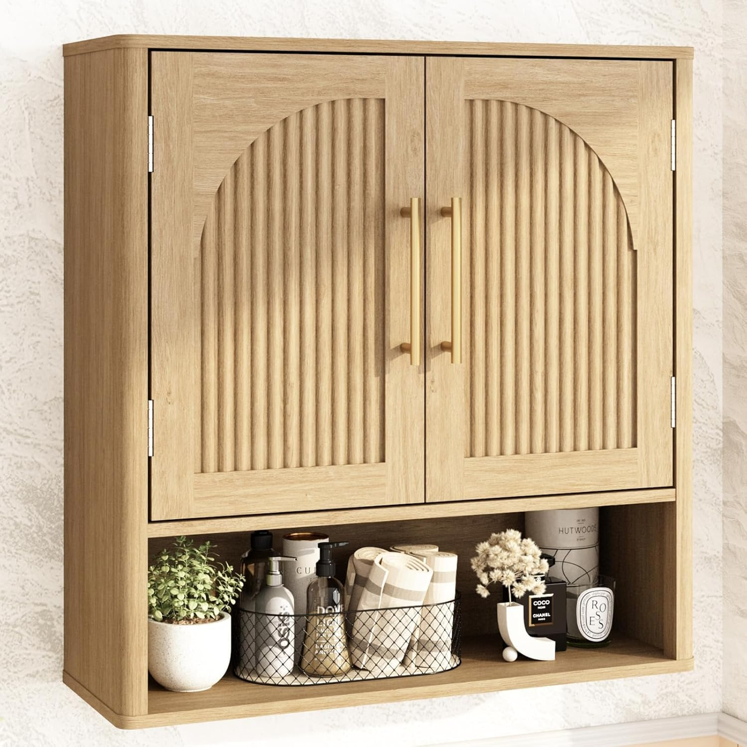 Fluted Bathroom Wall Cabinet, Mid Century Modern Medicine Cabinet W/Adjustable Shelf & 2 Arched Doors, over the Toilet Storage Cabinets for Laundry Room Kitchen Living Room, Natural Oak