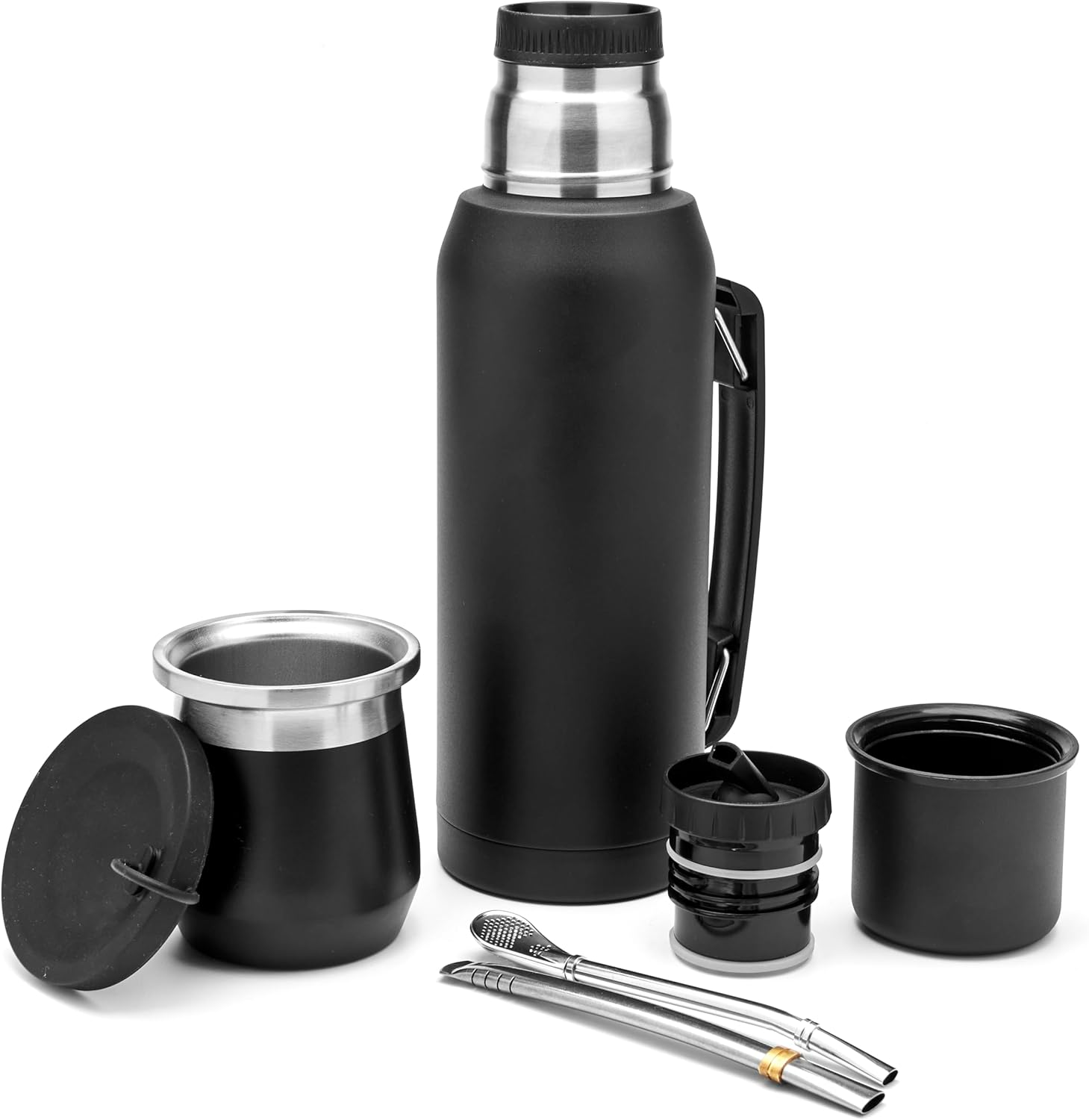 Complete Yerba Mate Set – Modern Mate Gourd (9 Fl Oz), Thermal Flask with 2 Spouts (33.8 Fl Oz), 2 Bombilla Straws – Premium Quality Kit.Black