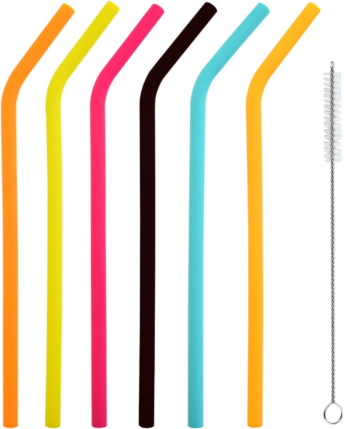 6 Pack Silicone Reusable Straws, with Cleaning Brush, Colourful Drinking Straws, Replacement Straws Reusable Kids Straws for Cocktail, Juice, Milkshake, Soda (6 Bent)