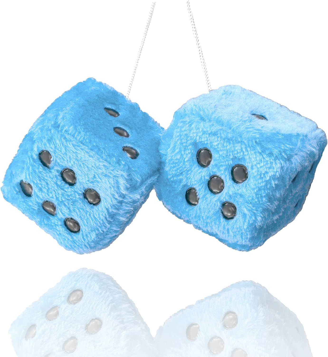 Fuzzy Plush Dice for Car Mirror, Pair of Retro 3” Light Blue Dice with Black Dots for Car Interior Hanging Ornament Decoration