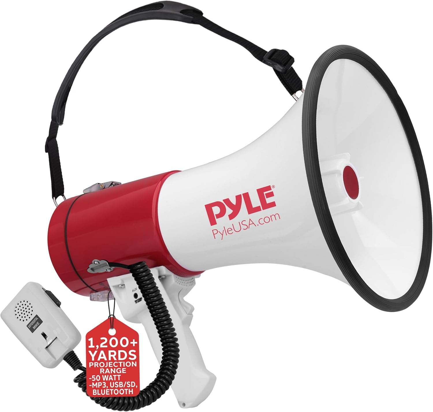 Pyle Portable Megaphone Speaker PA Bullhorn-Built-In Siren, 50W Adjustable Volume Control &1200 Yard Range-Ideal for Any Outdoor Sports, Cheerleading Fans & Coaches or for Safety Drills - PMP52BT
