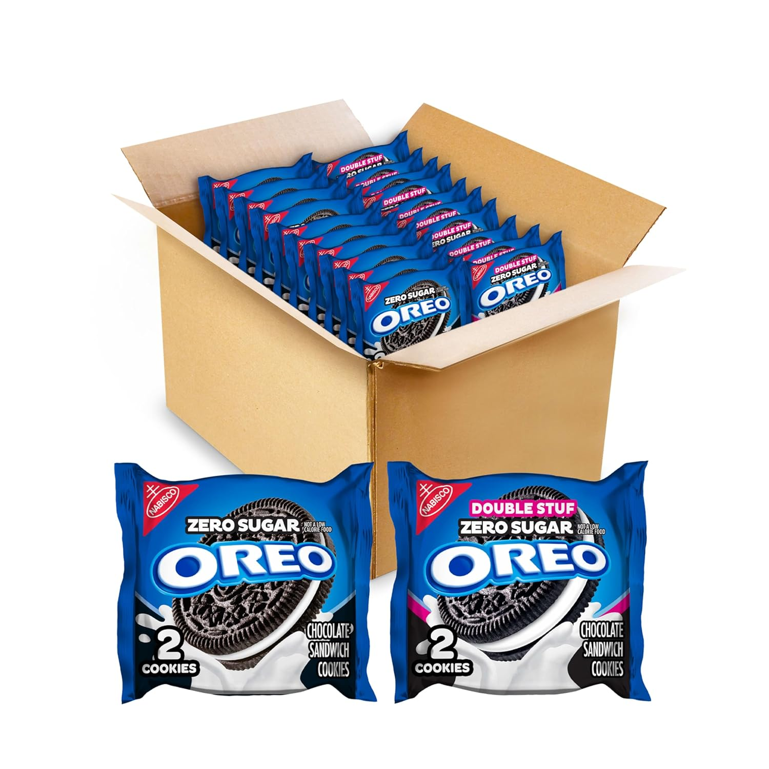 Zero Sugar and  Double Stuf Zero Sugar Chocolate Sandwich Cookies Variety Pack, 20 Snack Packs (2 Cookies Each)