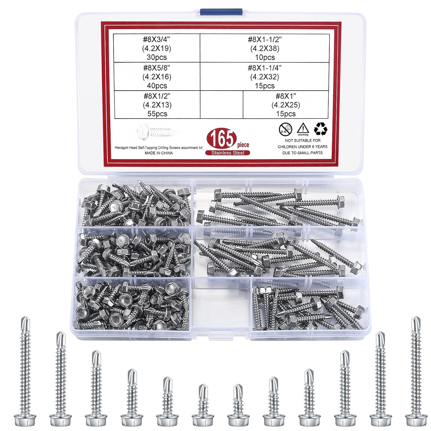 165 Pcs #8 Stainless Steel Self Tapping Screws for Metal, Sheet Metal Screws, Self Drilling Screws for Metal, Hex Head Self-Tapping Screws Assortment Kit (1/2