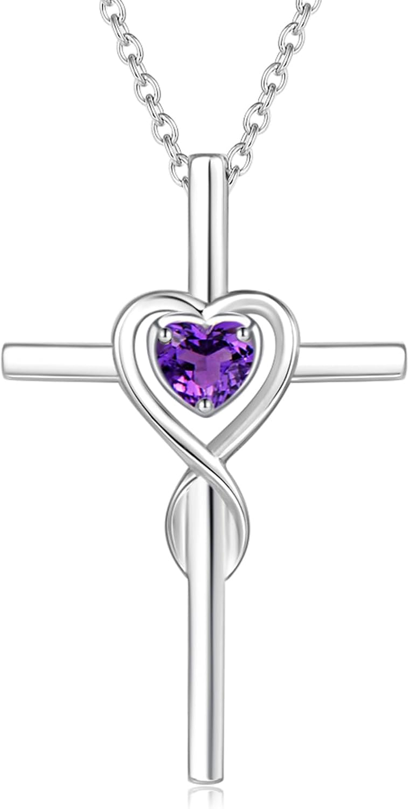 Sterling Silver Feb Birthstone Cross Necklace for Women Heart Infinity CZ Gifts