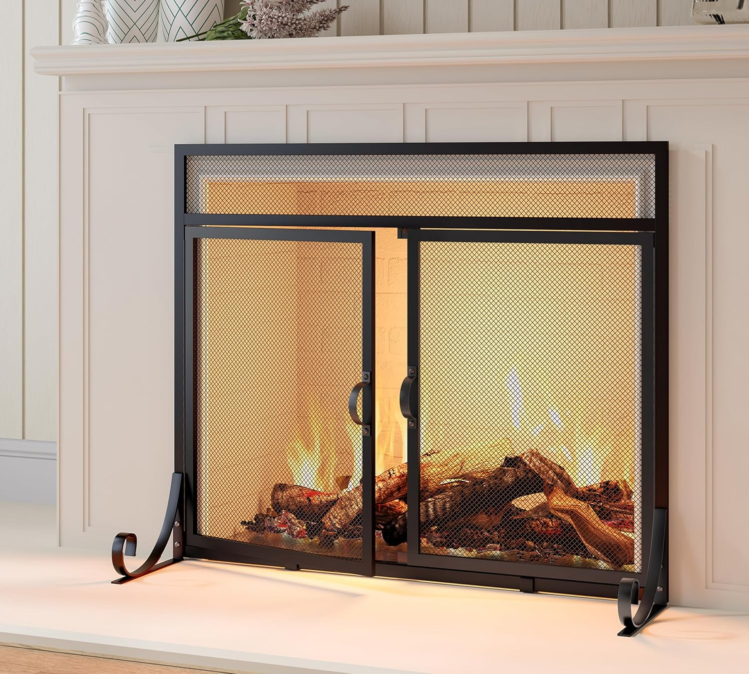 Flat Fireplace Screen with Doors,Solid Wrought Iron Frame with Metal Mesh, Flat Panel Decorative Fireplace Screen with Modern Design, Free Standing Spark Guard