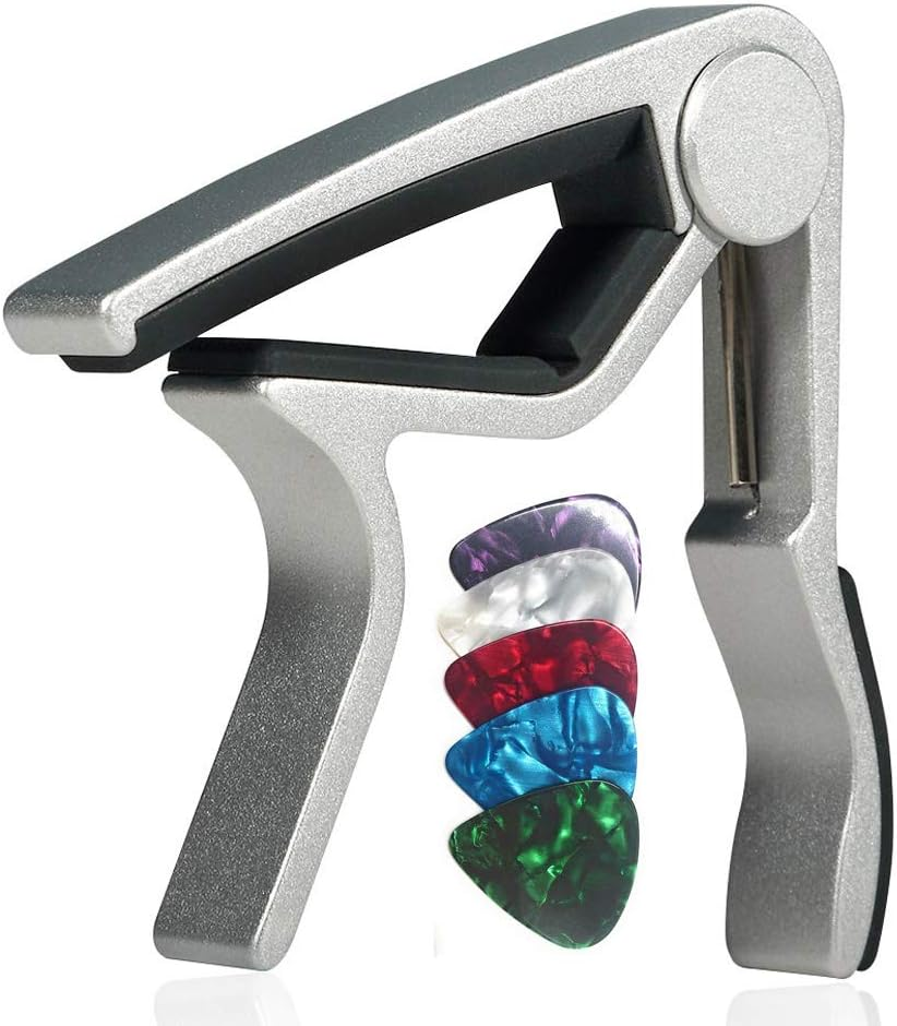 WINGO Guitar Capo for 6 String Steel Acoustic and Electric Guitars with 5 Picks for Free,Silver