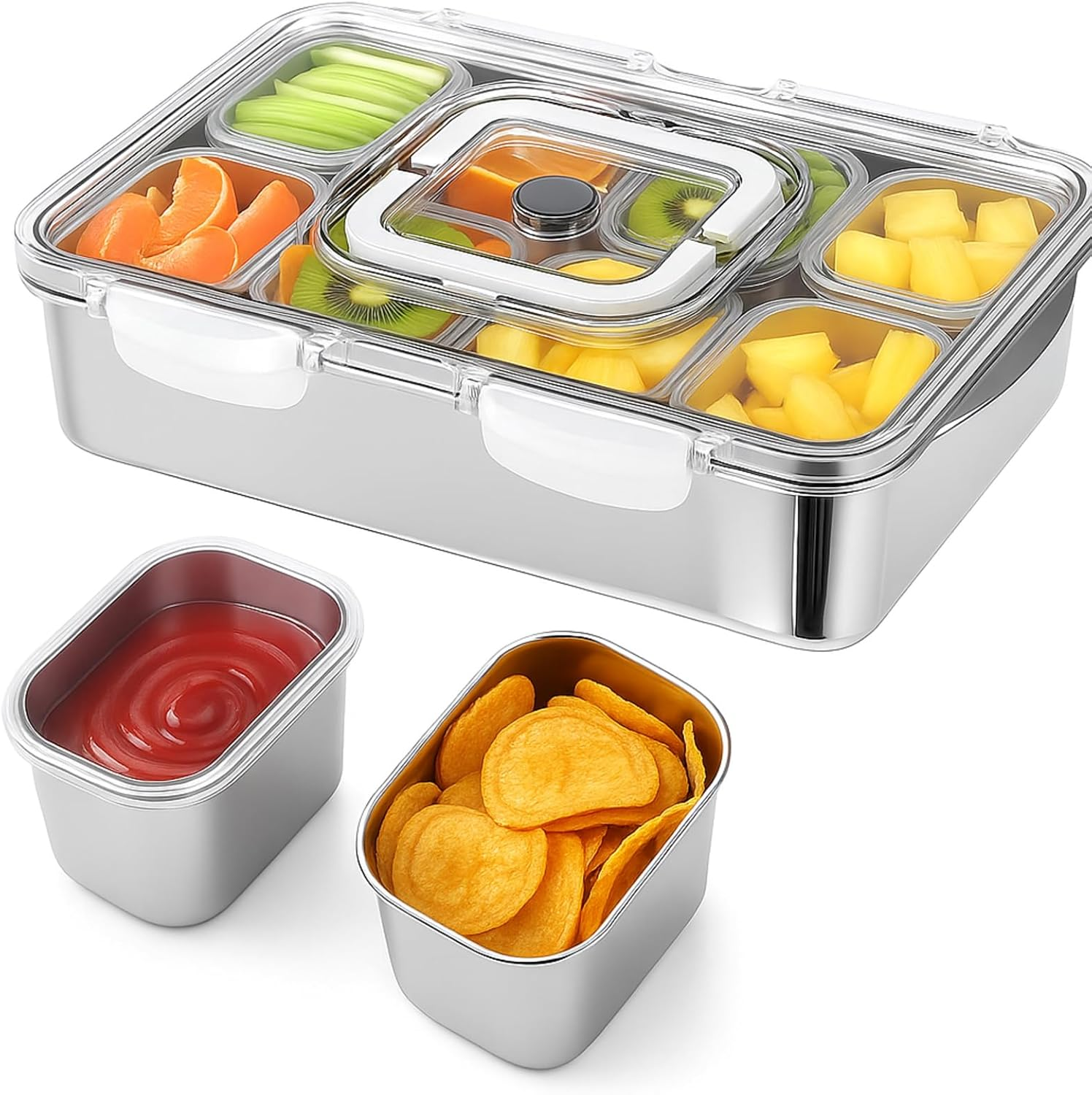 Portable 8-Compartment Stainless Steel Snack Container with Lid and Handle
