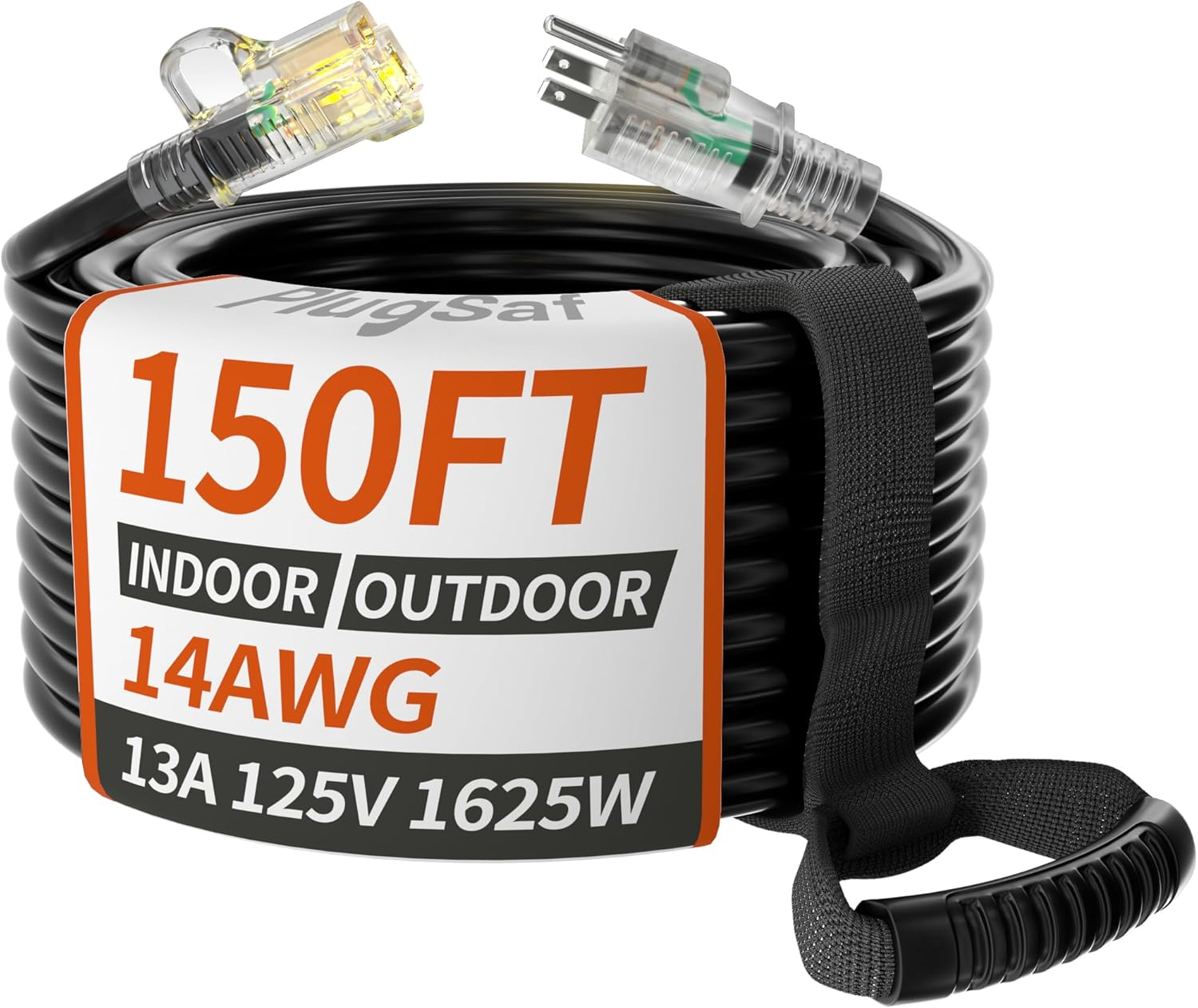 14/3 Gauge Black Outdoor Extension Cord 150 Ft Waterproof with Lighted Indicator, Cold Weatherproof -40°C, Flexible 3 Prong Long Extension Cord Outside,13A 1625W 14AWG SJTW, ETL Listed