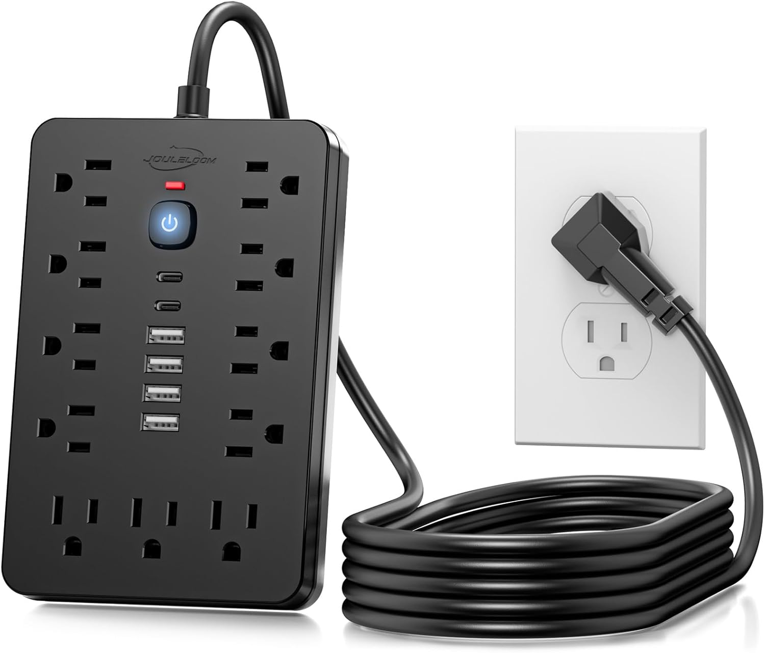 6 FT Flat Plug Surge Protector Power Strip,11 Multiple AC Outlets with 6 USB Ports (2 USB C), 6 Feet Extension Cord, 1250W/10A, One Touch Switch Button, 17 in 1 Compact Powerstrip