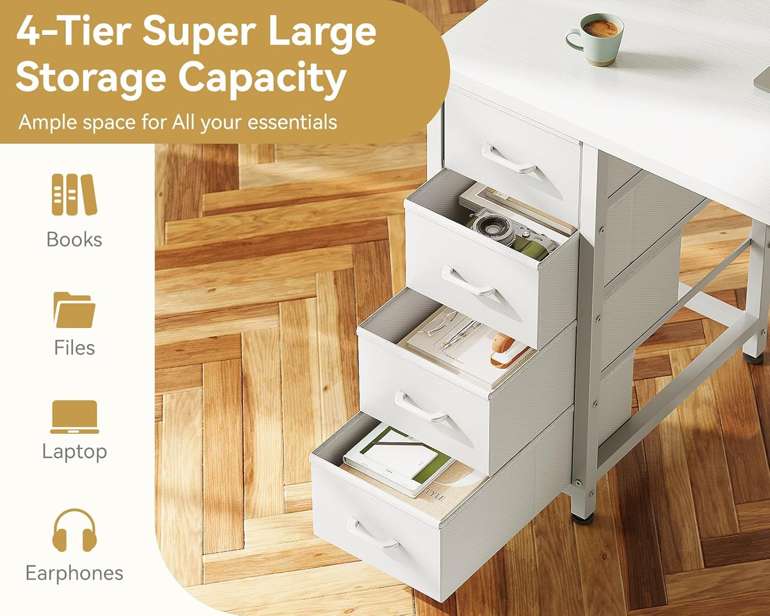 ODK 40Inch Computer Desk with 4 Fabric Drawers and 2 Storage Shelves,Reversib... - Picture 5 of 14