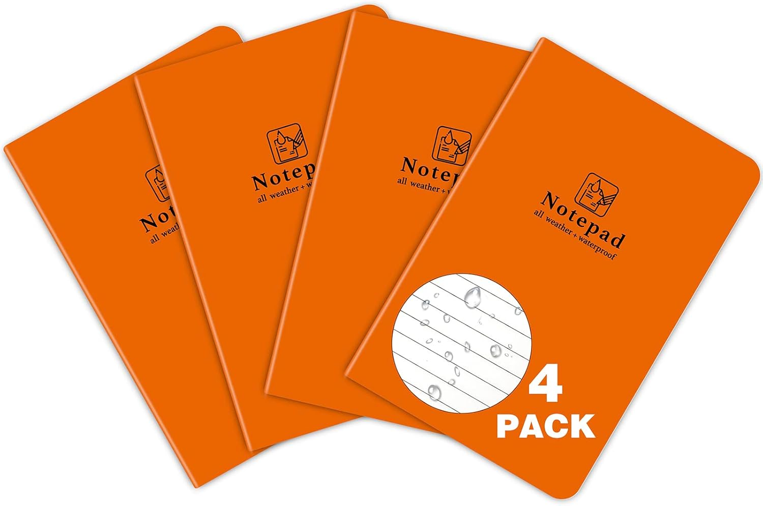 4 Pack All Weather Notepad 5.3X3.6 Inch Waterproof Tearproof Notebook Pocket Size Field Pad for Outdoor Activties 24 Sheets(48 Pages) Each Pack - Orange Only