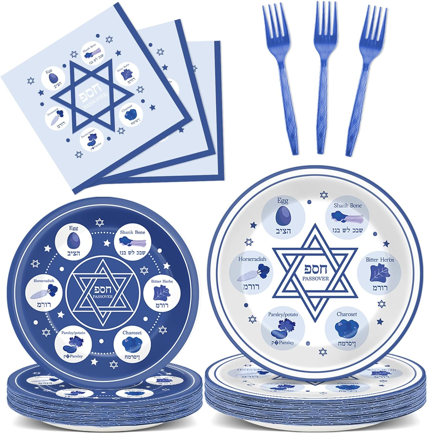 96Pcs Passover Birthday Party Supplies Blue Passover Paper Plates and Napkins Pesach Seder Disposable Tableware Pesach Communal Seder 6 Section Marked Symbol Renaissance Design Decor for 24 Guests