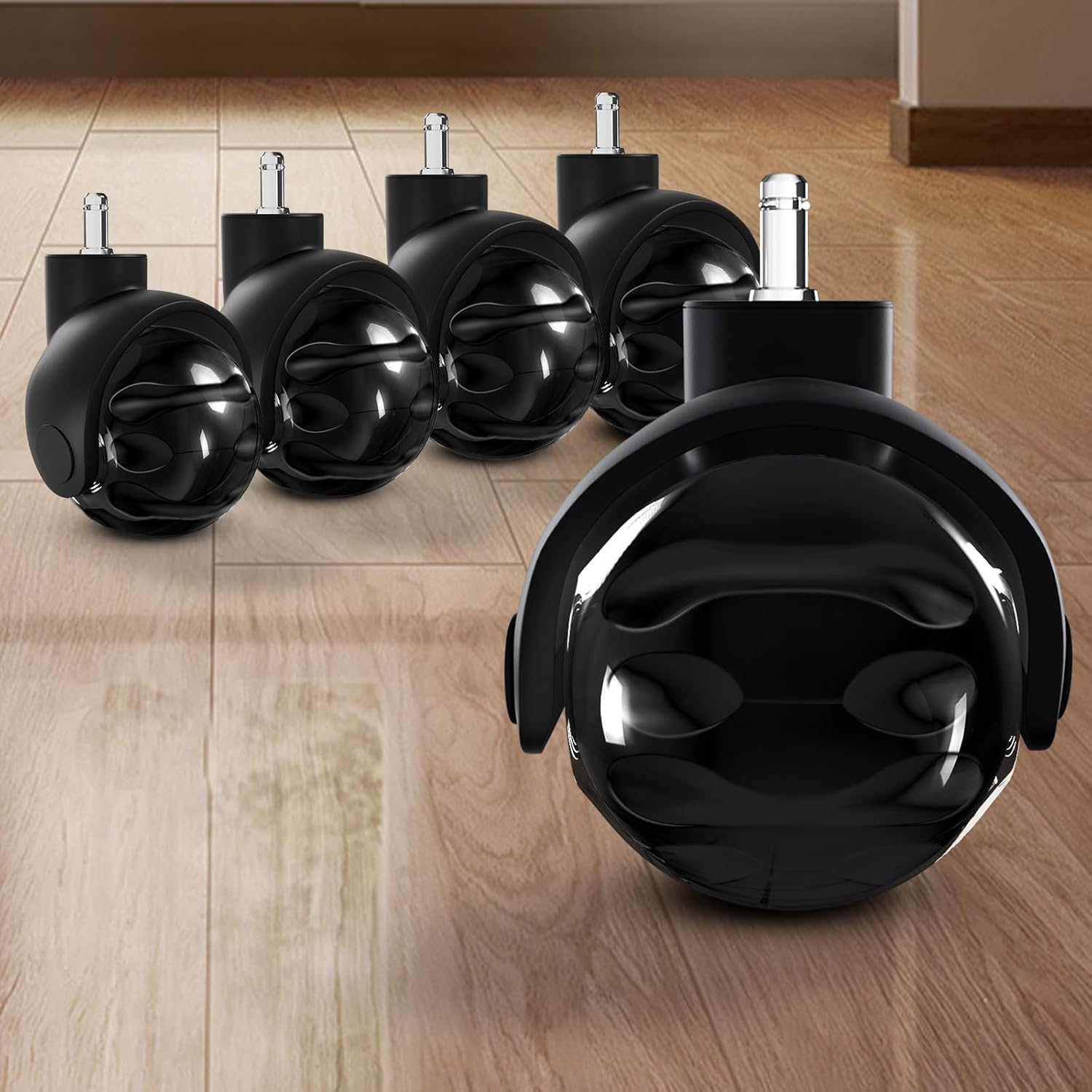 Office Chair Caster Wheels for Carpet Set of 5 -Replacement for Office Chairs Mat Safe for All Floors Including Hardwood - 2-Inch Rubber Replacement - Smooth & Silent Universal Size (11X22 Mm) -Black