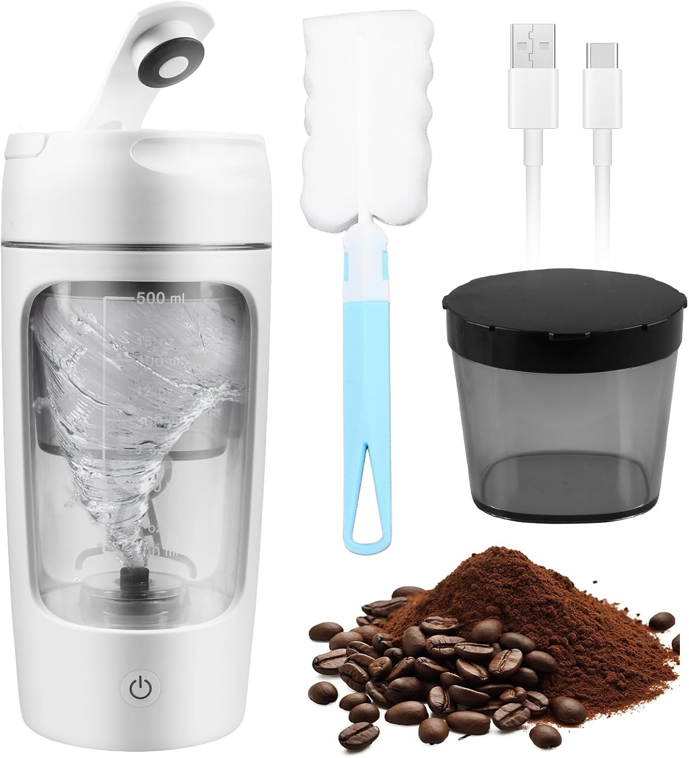 Elektrischer Protein Mixer Mit Pulverfach: 650ML Automatischer Shaker Mit Bürste, USB-C Wiederaufladbar Für Sport Und Fitness, Weiß