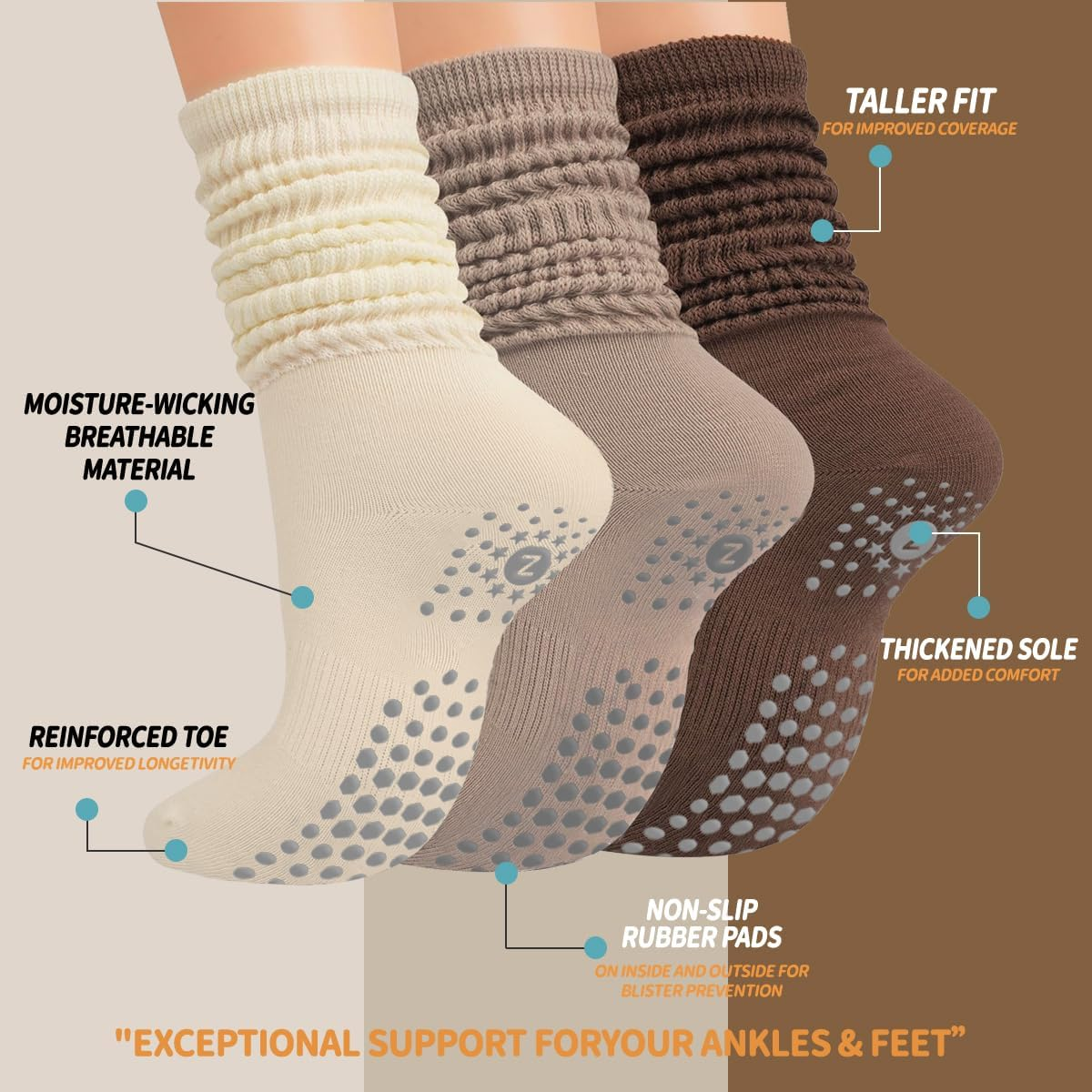 ZANZER (3 Pairs) Scrunch Pilates Grip Socks for Women, Yoga Slouch Socks with... - Picture 8 of 13