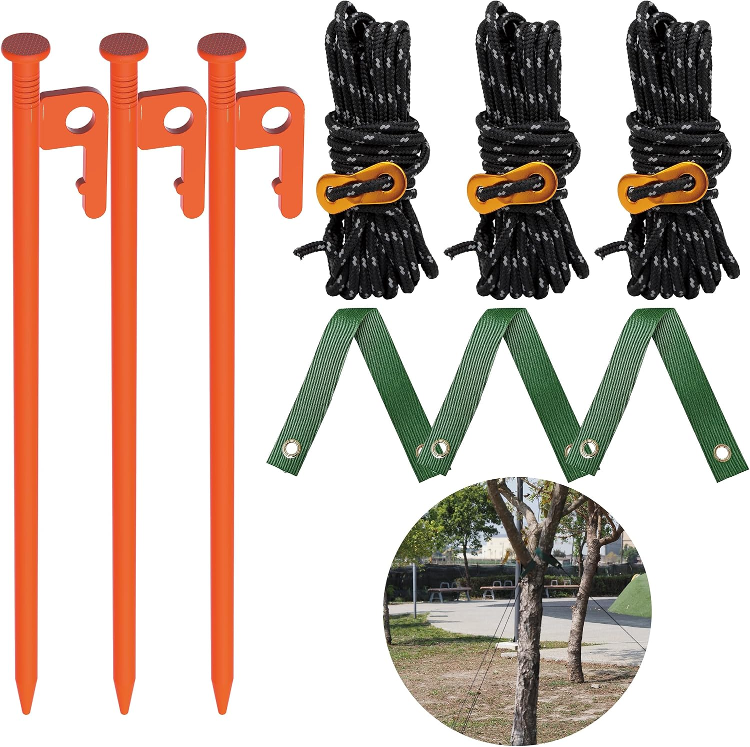 Tree Stake Kit – Heavy Duty Tree Stakes and Supports for Leaning Trees – Metal Stake for Straightening Kit with 3 Set Tree Stakes, for Staking and 13.12 Feet Tree Rope (Tree Stake 3 Pack) | Includes Three Heavy-Duty Metal Stakes, Adjustable Straps and Tree Rope for Supporting Young or Leaning Trees