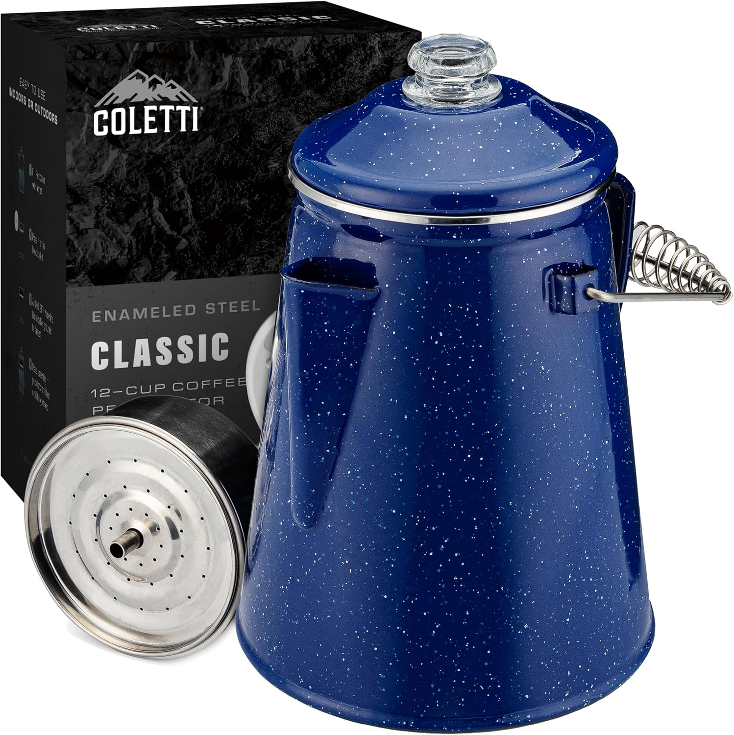 Cafetera Percolador Clasica Camping Modernizada Esmalte Azul 12 Tazas Exterior